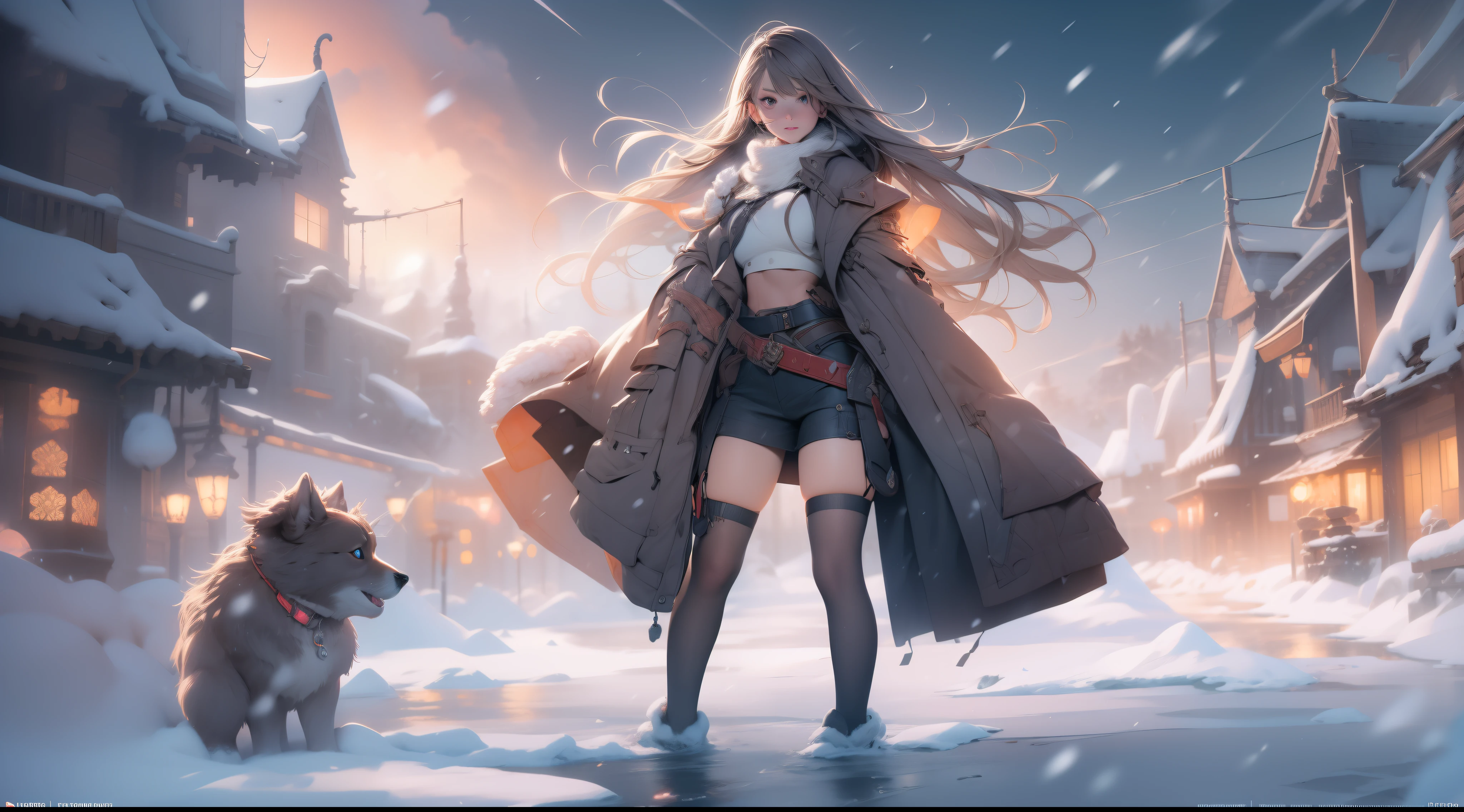 full body portrait of a photo realistic beautiful girl, 1 girl, facing forward, waifu, flowing hair, short modern winter clothing, big beautiful flirtateous open eyes, standing straight, cinematic lighting, winter snow holiday setting, highly detailed, digital painting, trending on artstation, pixiv, concept art, sharp focus, illustration, art by ross tran and wlop, Glowing eyes, Best quality, good lighting, large breasts with cleavage, seductive face, Masterpiece, highres,sharp focus,(ultra detailed,extremely detailed),(photorealistic artwork:1.37),(extremely detailed CG unity 8k wallpaper),(((vibrant colors,vibrant theme))),(intricate),(masterpiece),(best quality), girl is playing with a cute small dog