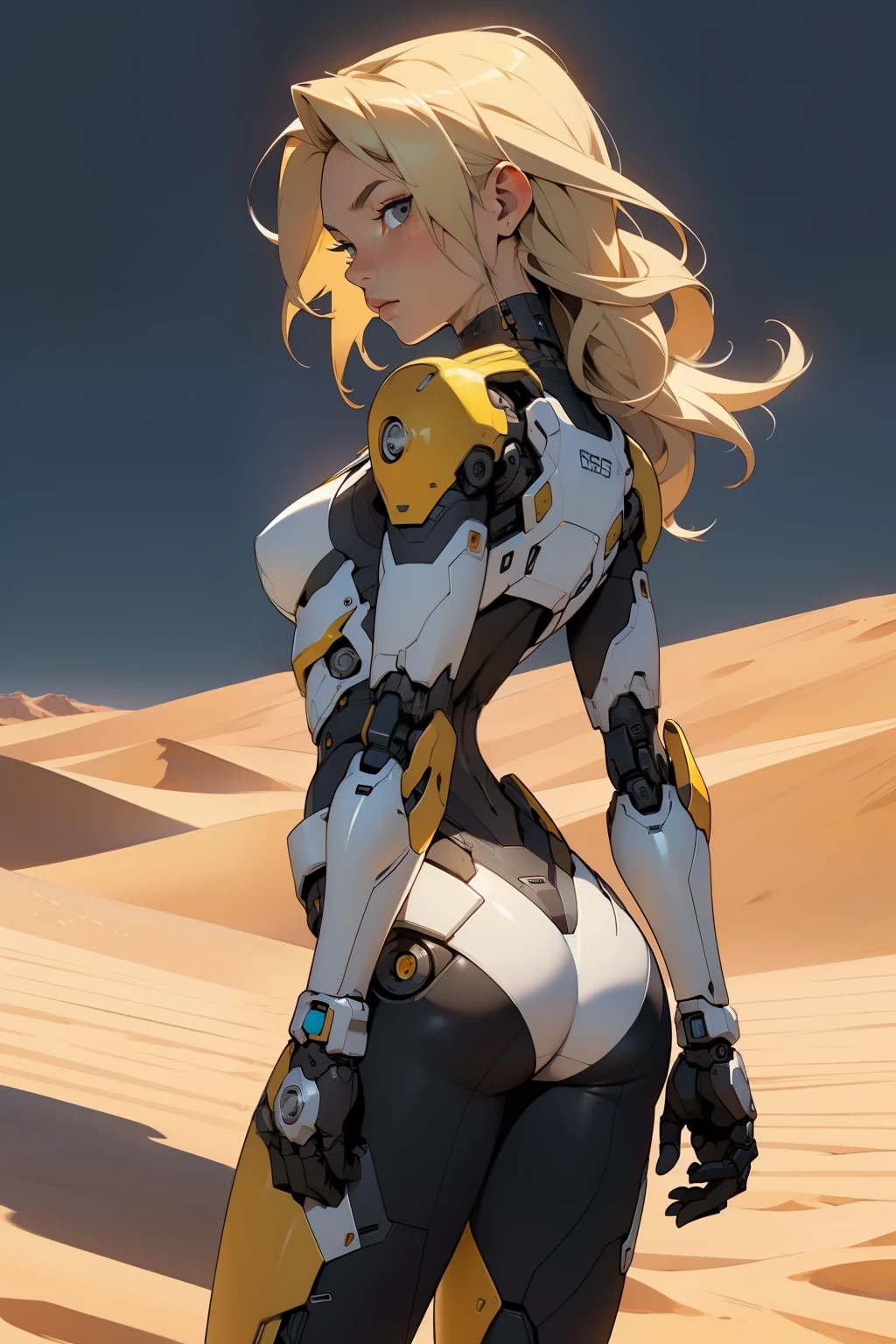 high quality, 4k, masterpiece, beautiful, cyborg girl, cowboy shot, dull eyes, back side, turning around to look at viewer, long blonde hair, girl, small breasts, fit thigh, robotic arms, robotic body, cyborg body, yellow accent, redaccent, intricate detail, joint, detailed lines, robotic detail, holding fist up, holding hand up as fist, color robotic parts, robotic parts with color, perfect fingers, on a desert planet, sunny background, colorful desert,