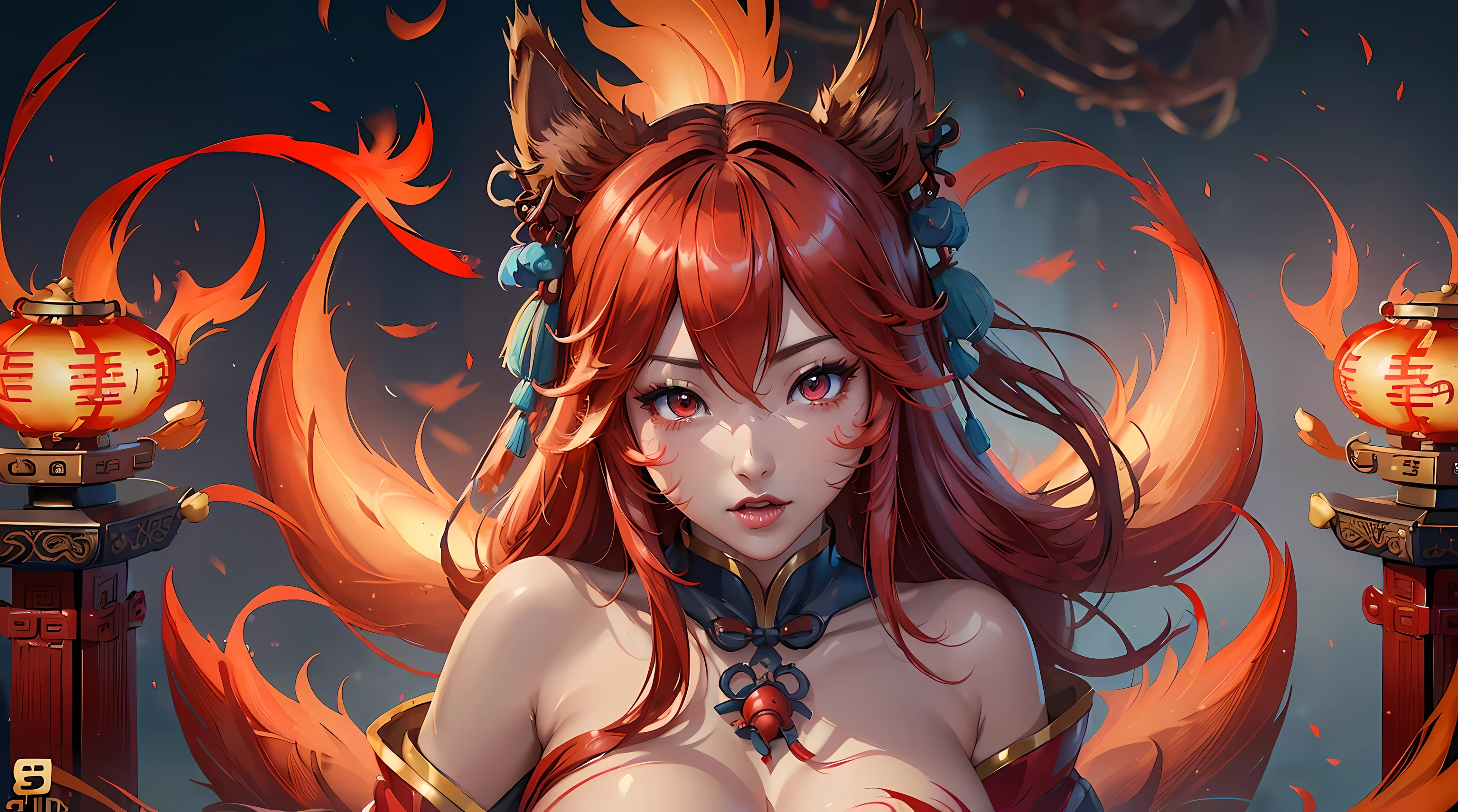 Ahri, ((((single person, single girl)))), perfect breasts, ((upperbody shot)), highly detailed face, well defined face details, detailed face lighting, (((chinese aesthetics))), (((chinese aesthetic background))), ((red flames)), ((((8k ultra HD)))), red theme color scheme, ((((high quality photo)))), ((((extremely detailed)))), (photo realistic:1.2)