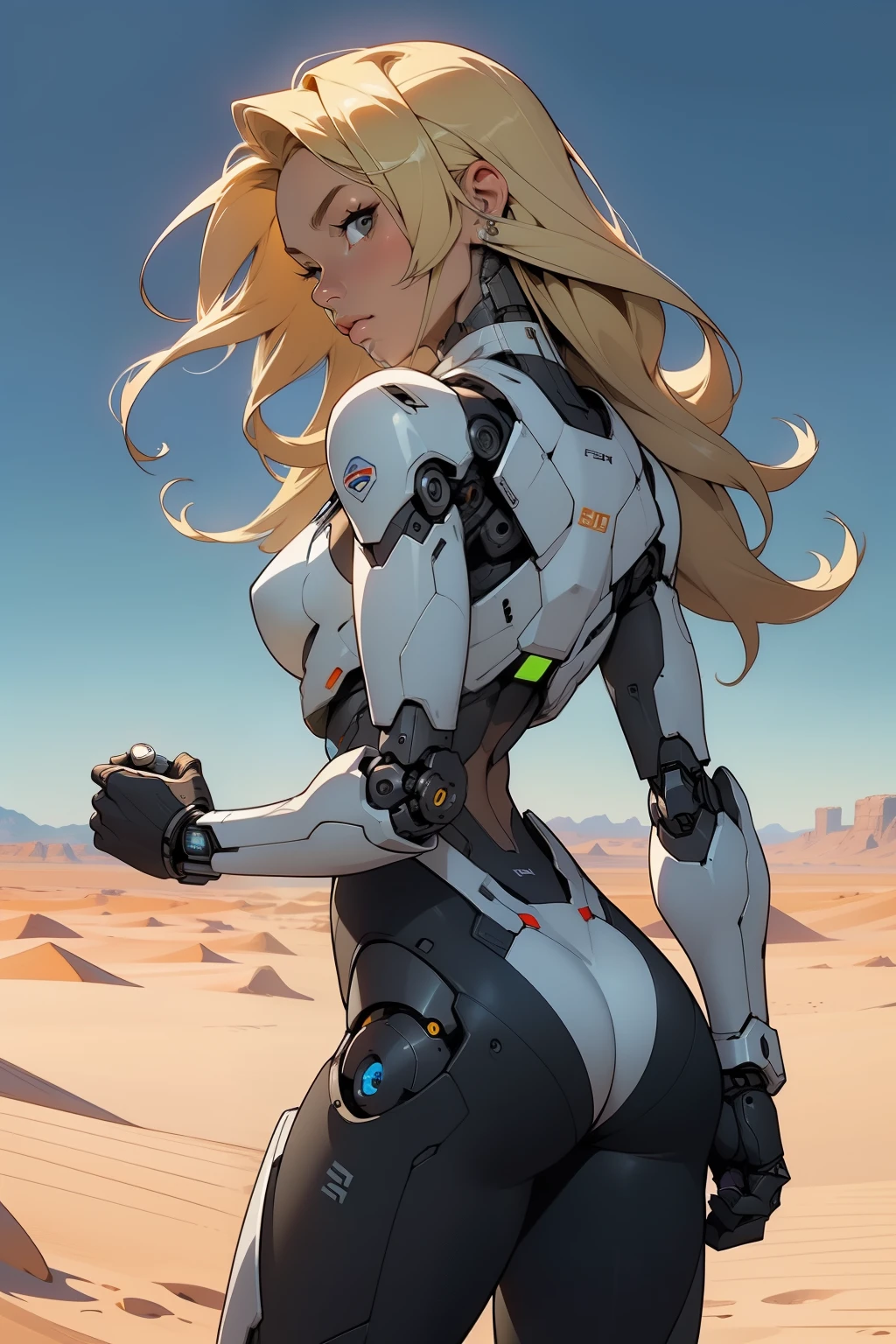 high quality, 4k, masterpiece, beautiful, cyborg girl, cowboy shot, dull eyes, back side, turning around to look at viewer, long blonde hair, girl, small breasts, fit thigh, robotic arms, robotic body, cyborg body, yellow accent, redaccent, intricate detail, joint, detailed lines, robotic detail, holding fist up, holding hand up as fist, color robotic parts, robotic parts with color, perfect fingers, on a desert planet, sunny background, colorful desert,