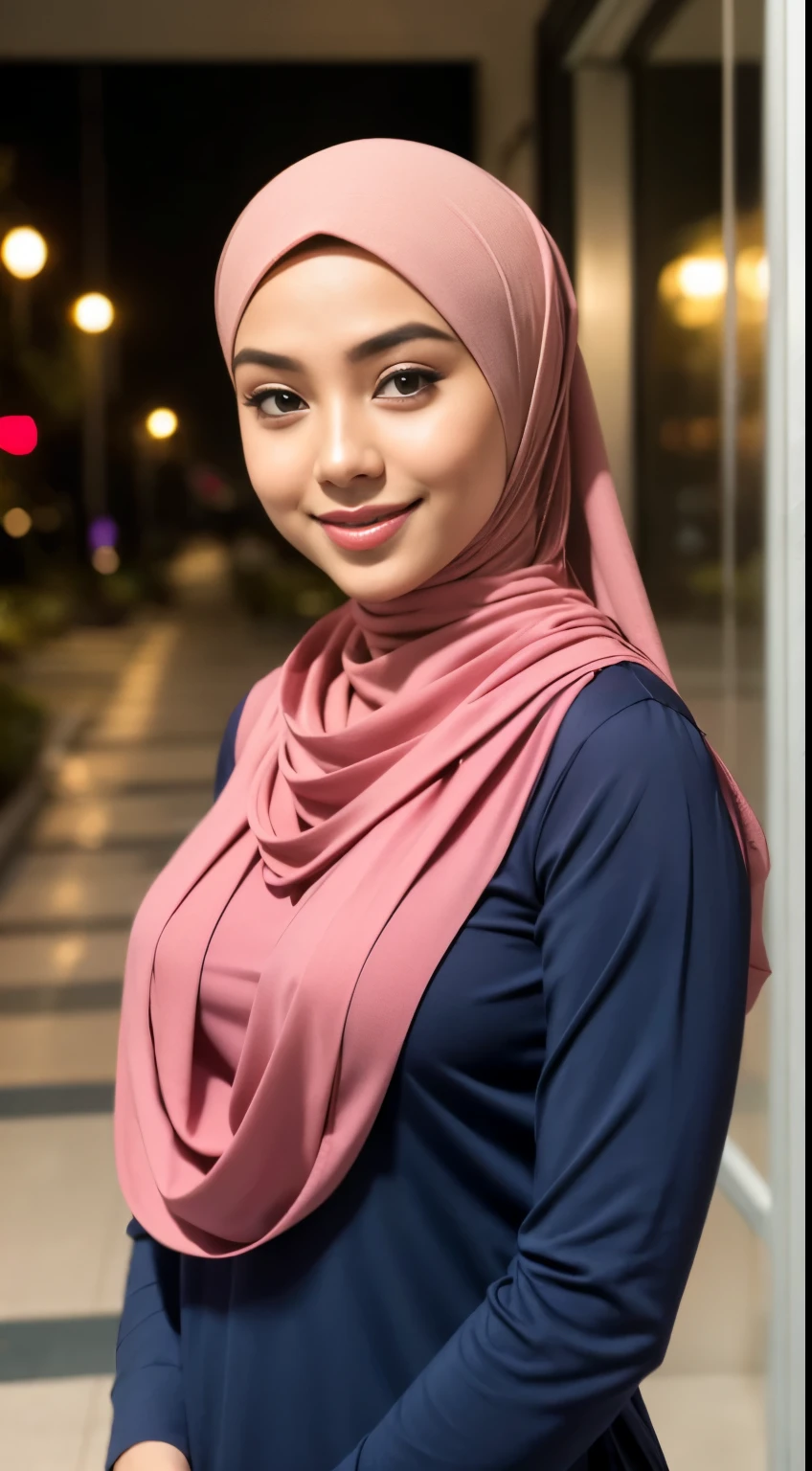 RAW, Best quality, high resolution, masterpiece: 1.3), beautiful Malay woman in hijab,Masterpiece, perfect fit body, ((Huge breast)), biggorgeous eyes, Soft smile,muslim woman in a plain long sleeve shirt and hijab posing for a picture, hijab, with lovely look, with beautiful colors, with accurate face, pose 4 of 1 6, traditional beauty, batik, wearing beautiful clothes, beutifull, with beautiful exotic, attractive pose, cute pose, scarf, wearing plain chiton, very attractive , she is smiling,Delicate turtleneck, necklace, shairband, afternoon walk, City garden, Excellent lighting, Bright colors, Clean lines