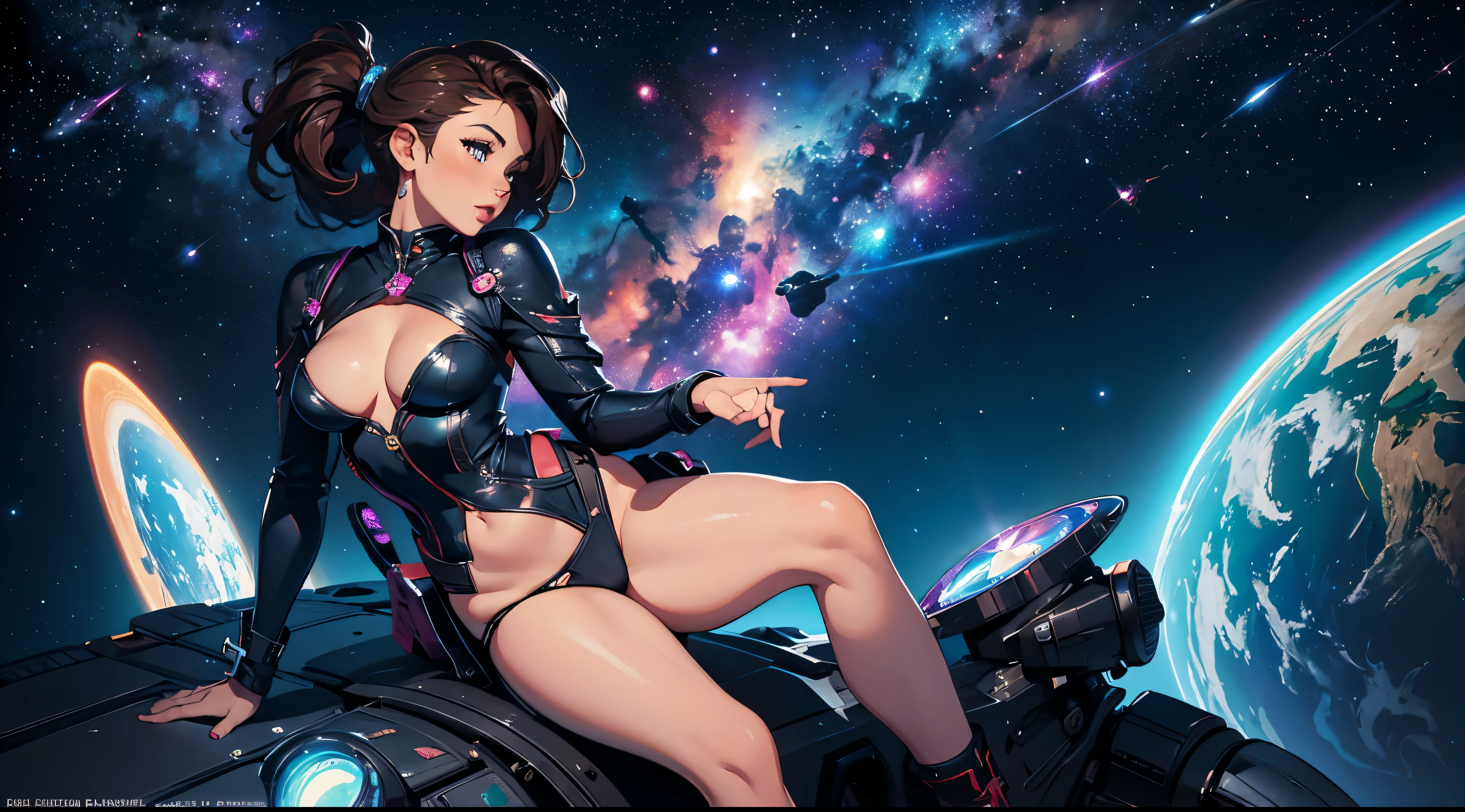 masterpiece, highest quality, (very detailed), (1woman), pinup model, sexy, revealing clothing, floating in space, 1planet, stars, (vivid colors), nebula, space dust, sci fi, space