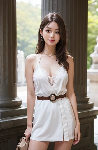 1 girl in、(ars:1.3)、Ultra-detailed face, Smiling, A dark-haired、The long-haired、(huge-breasted), cleavage、 (delicate illustration:1.4)、(masterpiece:1.0)、(top-quality:1.4)、(超A high resolution:1.2)、(Photorealsitic:1.4)、(8K、Raw photography:1.2)、(softfocus:1.4)、(foco nítido:1.4)、White See-Through Mini Dress、Loose fit, White see-through mini skirt, Shoulders exposed、wearing a brown leather belt,wearing brown leather sandals,in a stone temple, In bright sunshine, in front of the stone pillar,surrounded by stone statues