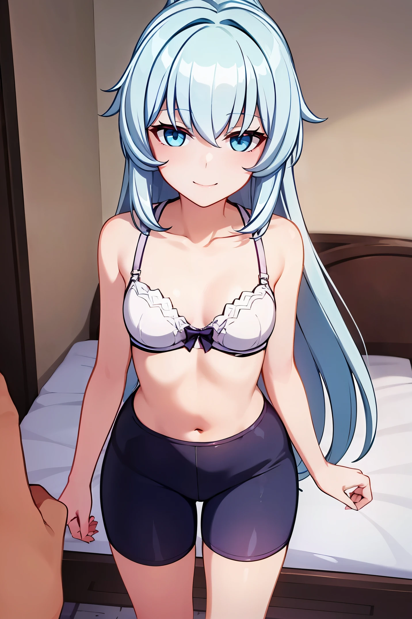 1 girl, best quality, ultra high res, long hair, looking at viewers, small breast, standing, pov, slim body, li body, small body, short body, smile, open mouth, bra, white bra, bike shorts, bedroom, white bed sheets,