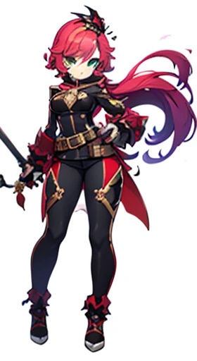 (((Best Quality))) , ((full body)), female, reference sheet, solo, (white background), holding weapon, femloin, belt, blue, red, green, violet, pink, white,