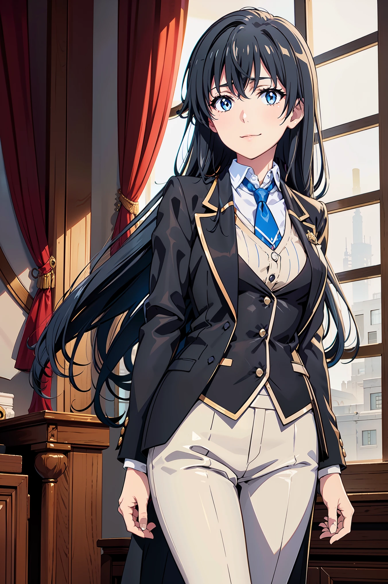 Yukinoshita yukino ,woman in formal attractive tailcoat standing in a large alcove in the room , 1girl, solo, blue necktie, black hair, blue eyes, long hair, smile , collared shirt, white pants, white shirt , tailored tailcoat elegant , standing in front of a window ,tailcoat tailored to perfection. Featuring striking Victorian theme and crafted from the lustrous fabric