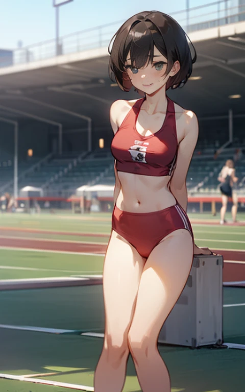 (Original Character、Unity 16K Wallpaper, masutepiece, Best Quality, Ultra-Detailed, Extremely Detailed CG, Caustics, Cinematic lighting, Detailed, Beautiful Detailed Eyes, Solo), Ultra High Resolution, Fine skin, (track and field:1.2) 、(strong lights)、Oily skin,Smile , from the front side:1.2、(Sexy Women)、arena、Full body shot、Lean Back, hands behind the back, Tank top, Bikini Bottom, Show belly, Show cleavage, Legs open, Open legs, Camel toe,  Showneck, A clear day、Cowboy Shot, Short hair、Sit on the ground, View from low pressure, Slim waist, Wider hips、cum in crotch