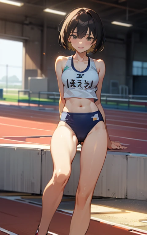 (Original Character、Unity 16K Wallpaper, masutepiece, Best Quality, Ultra-Detailed, Extremely Detailed CG, Caustics, Cinematic lighting, Detailed, Beautiful Detailed Eyes, Solo), Ultra High Resolution, Fine skin, (track and field:1.2) 、(strong lights)、Oily skin,Smile , from the front side:1.2、(Sexy Women)、arena、Full body shot、Lean Back, hands behind the back, Tank top, Bikini Bottom, Show belly, Show cleavage, Legs open, Open legs, Camel toe, Showneck, A clear day、Cowboy Shot, Short hair、Sit on the ground, View from low pressure, Slim waist, Wider hips、cum in crotch