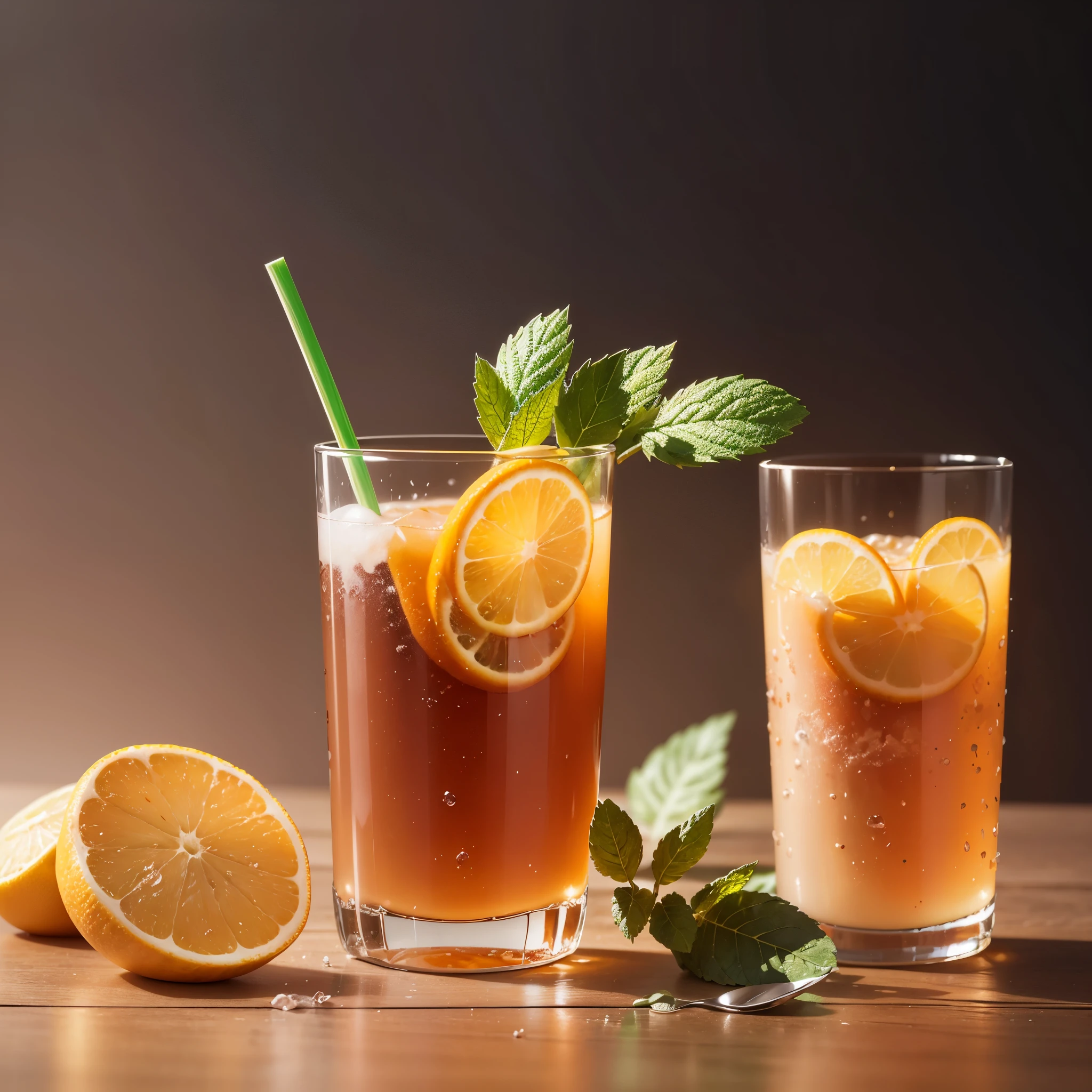 A realistic,best quality, Ultra-HD, sharp and complex image of a fresh drink advertisement with the logo saying Es Jeruk - Dapur Arsyila, with a transparent plastic cup scheme on a luxurious wooden table, a light source from behind, a dynamic image, a dark orange juice splash effect, some mint leaves, some  cubes, some water puddles, some sugarcane pieces, some rock sugar pieces, and a black gradient background, full view. --auto --s2
