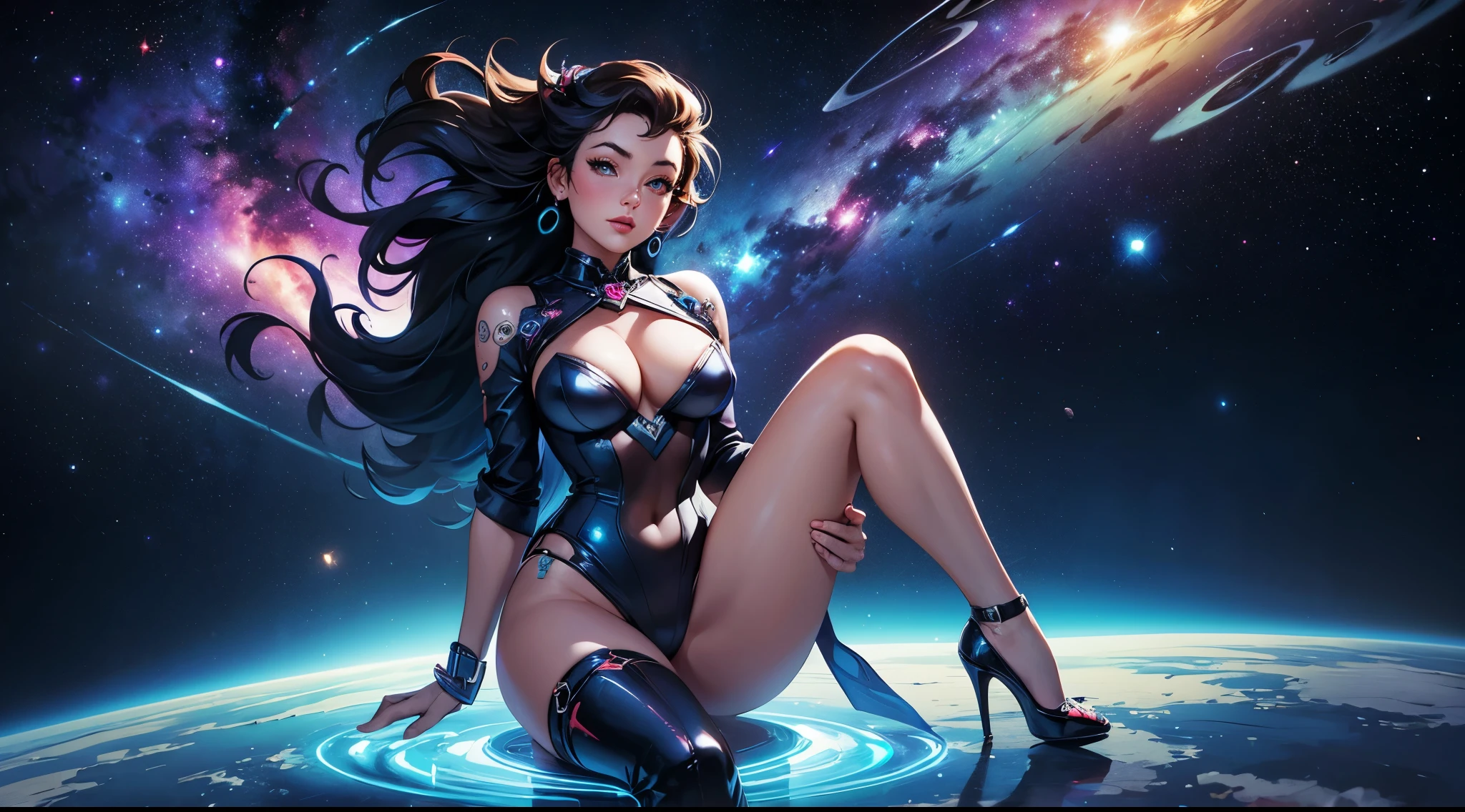 masterpiece, highest quality, (very detailed), (1woman), ((pinup model)), sexy, revealing clothing, floating in space, 1planet, stars, (vivid colors), nebula, space dust, sci fi, space