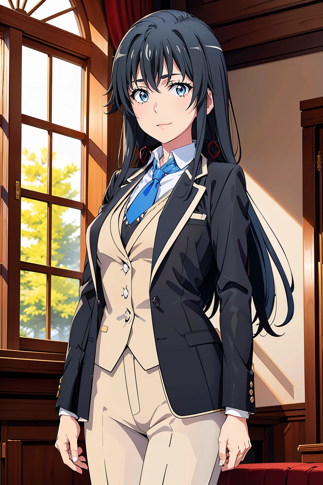 Yukinoshita yukino ,woman in formal attractive tailcoat standing in a large alcove in the room , 1girl, solo, blue necktie, black hair, blue eyes, long hair, smile , collared shirt, white pants, white shirt , tailored tailcoat elegant , standing in front of a window ,tailcoat tailored to perfection. Featuring striking Victorian theme and crafted from the lustrous fabric