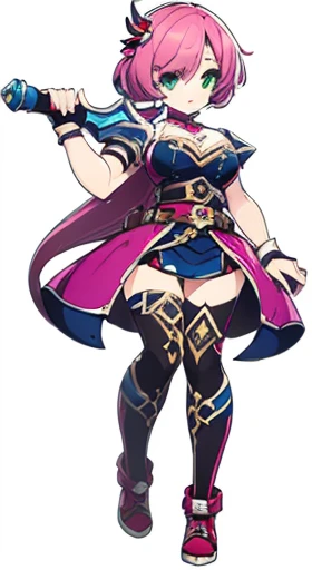 (((Best Quality))) , ((full body)), female, reference sheet, solo, (white background), holding weapon, femloin, belt, blue, red, green, violet, pink, white,