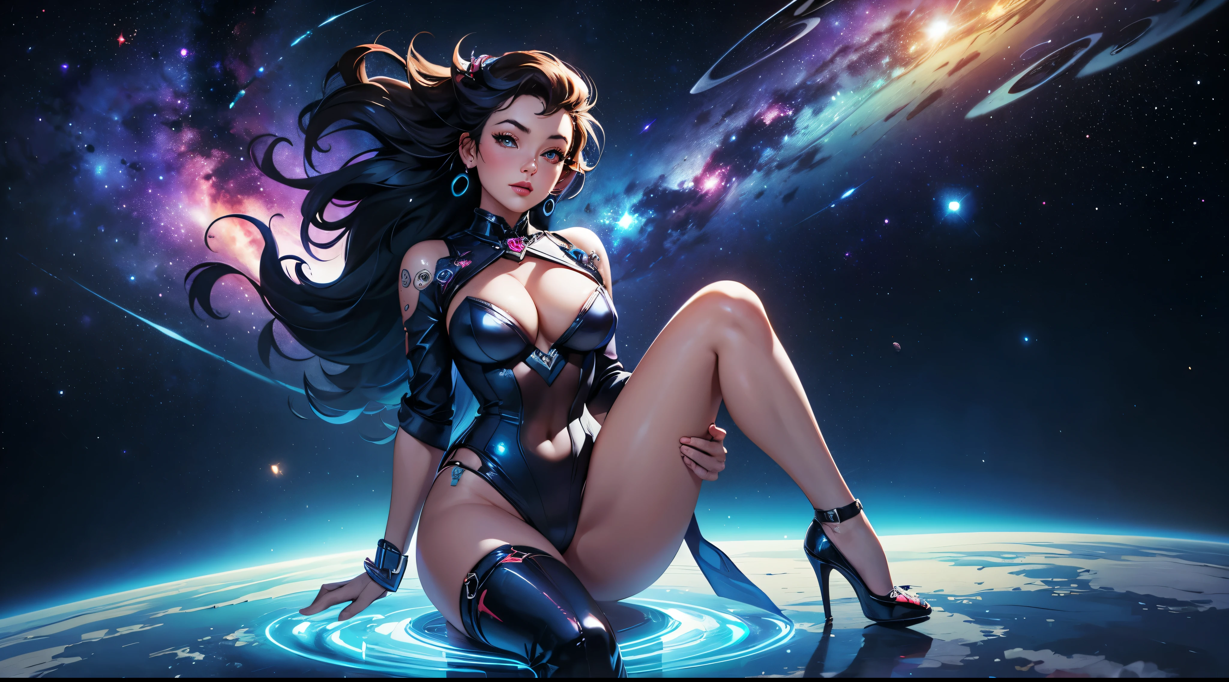 masterpiece, highest quality, (very detailed), (1woman), ((pinup model)), sexy, revealing clothing, floating in space, 1planet, stars, (vivid colors), nebula, space dust, sci fi, space