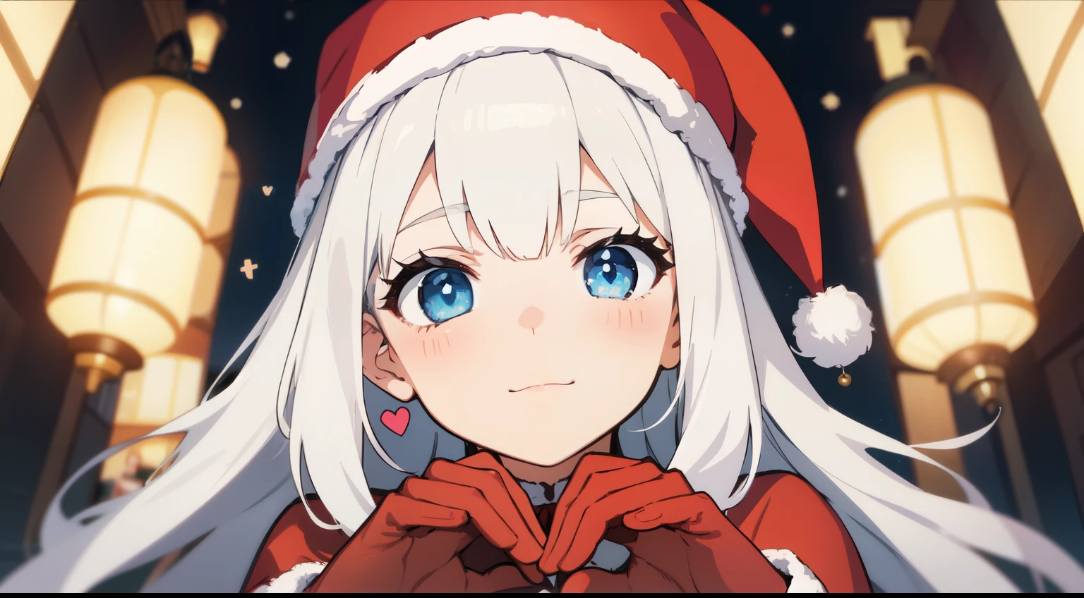 A girl dressed in a Christmas costume, white hair, making a heart with her hands, cute and caring face, blue eyes, 2D anime