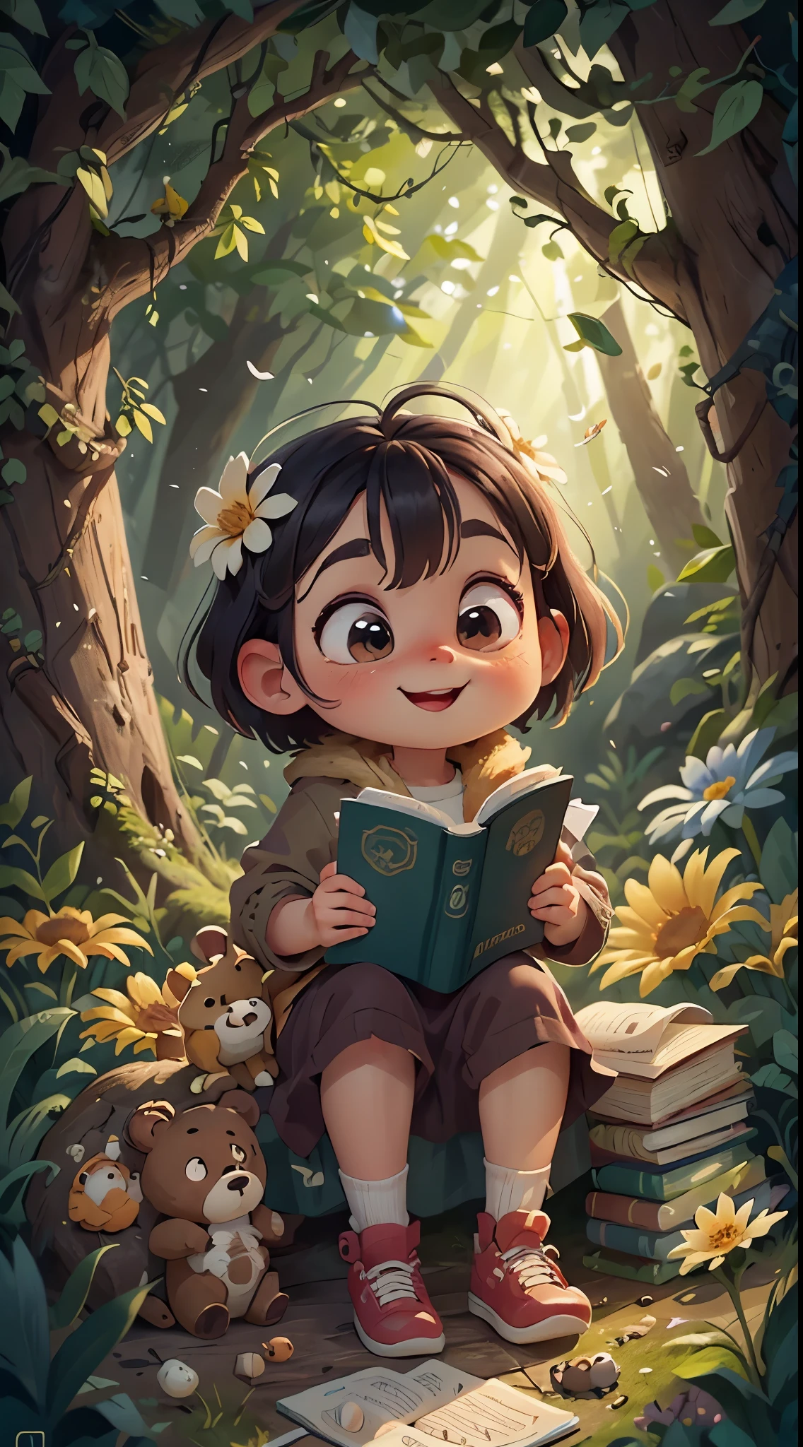 A cute teddy bear,Read a book in the forest,close up, Pixar cinematic style, Best quality, cinematic Film still from, extreamly cute, largeeyes, Eyes are bright, Birds and flowers around, Flowers bloom outside the cave, with her mouth open, Happy,