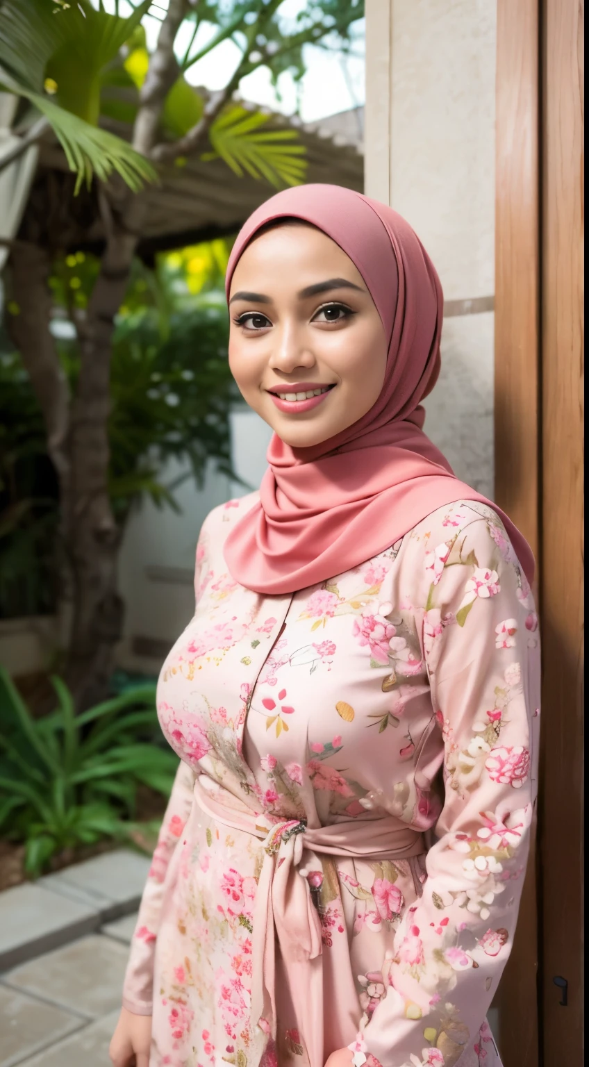 RAW, Best quality, high resolution, masterpiece: 1.3), beautiful Malay woman in hijab,Masterpiece, perfect fit body, ((Huge breast)), biggorgeous eyes, Soft smile,muslim woman in a floral dress and hijab posing for a picture, hijab, with lovely look, with beautiful colors, with accurate face, pose 4 of 1 6, traditional beauty, batik, wearing beautiful clothes, beutifull, with beautiful exotic, attractive pose, cute pose, peach and goma style, scarf, wearing pink floral chiton, very attractive , she is smiling,Delicate turtleneck, necklace, shairband, afternoon walk, City garden, Excellent lighting, Bright colors, Clean lines