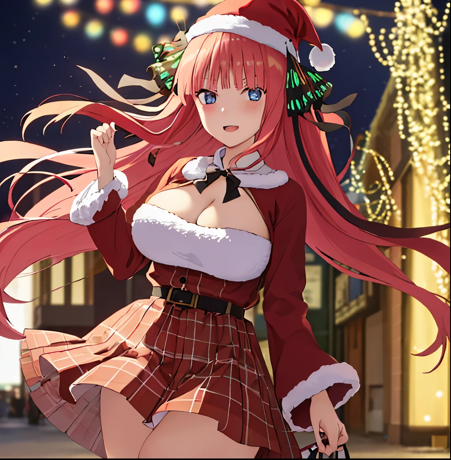 2d, masterpiece, best quality, anime, highly detailed, 1 girl, alone, cowboy shot, nakano nino, pink hair, butterfly hair ornament, Santa Claus suit, red with white details, cleavage, Santa Claus hat red with white details, large breasts, medium waist, medium hips, wide thighs, standing, street, snowy, night, good lighting, streets illuminated with Christmas lights