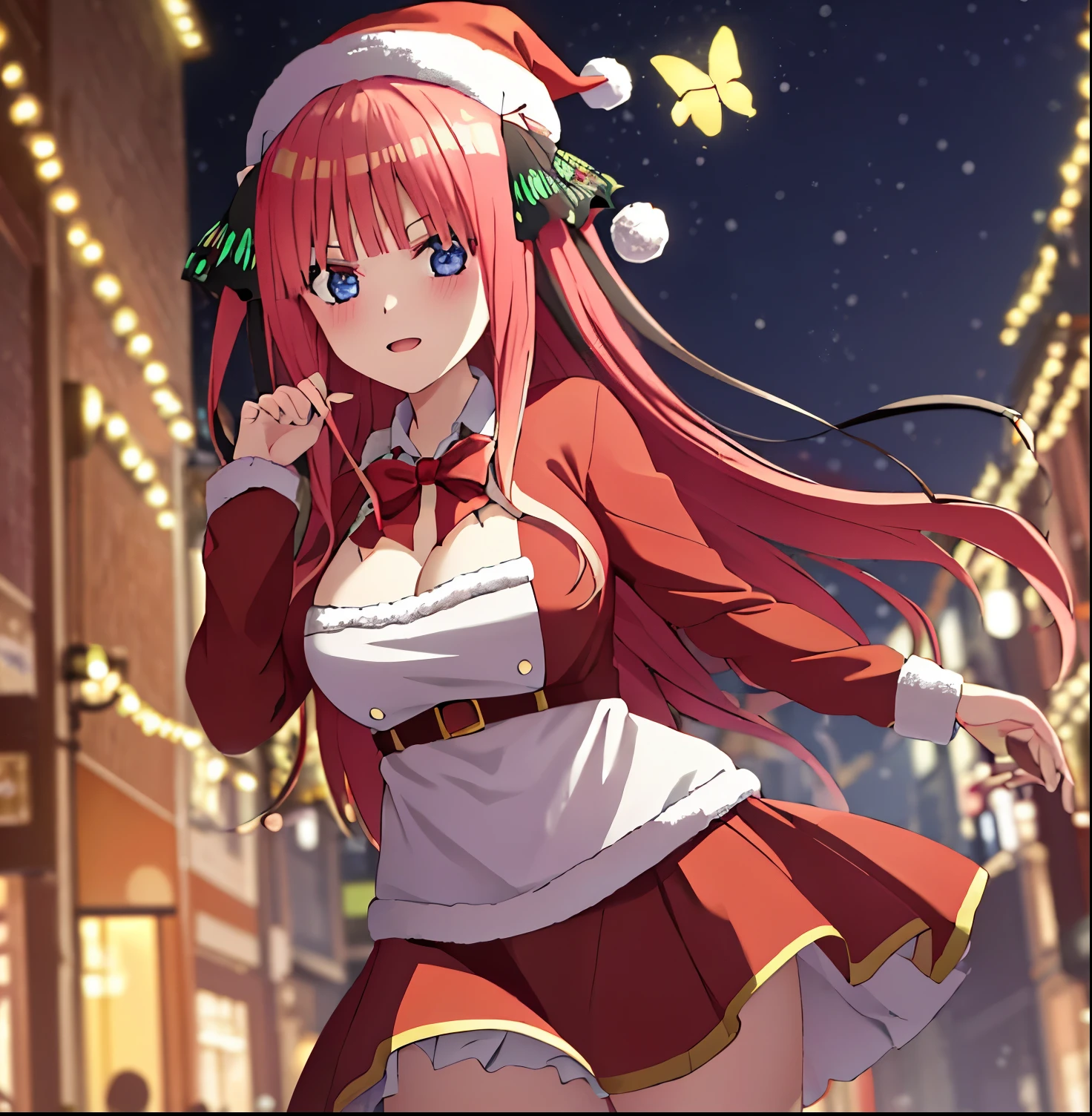 2d, masterpiece, best quality, anime, highly detailed, 1 girl, alone, cowboy shot, nakano nino, pink hair, butterfly hair ornament, Santa Claus suit, red with white details, cleavage, Santa Claus hat red with white details, large breasts, medium waist, medium hips, wide thighs, standing, street, snowy, night, good lighting, streets illuminated with Christmas lights