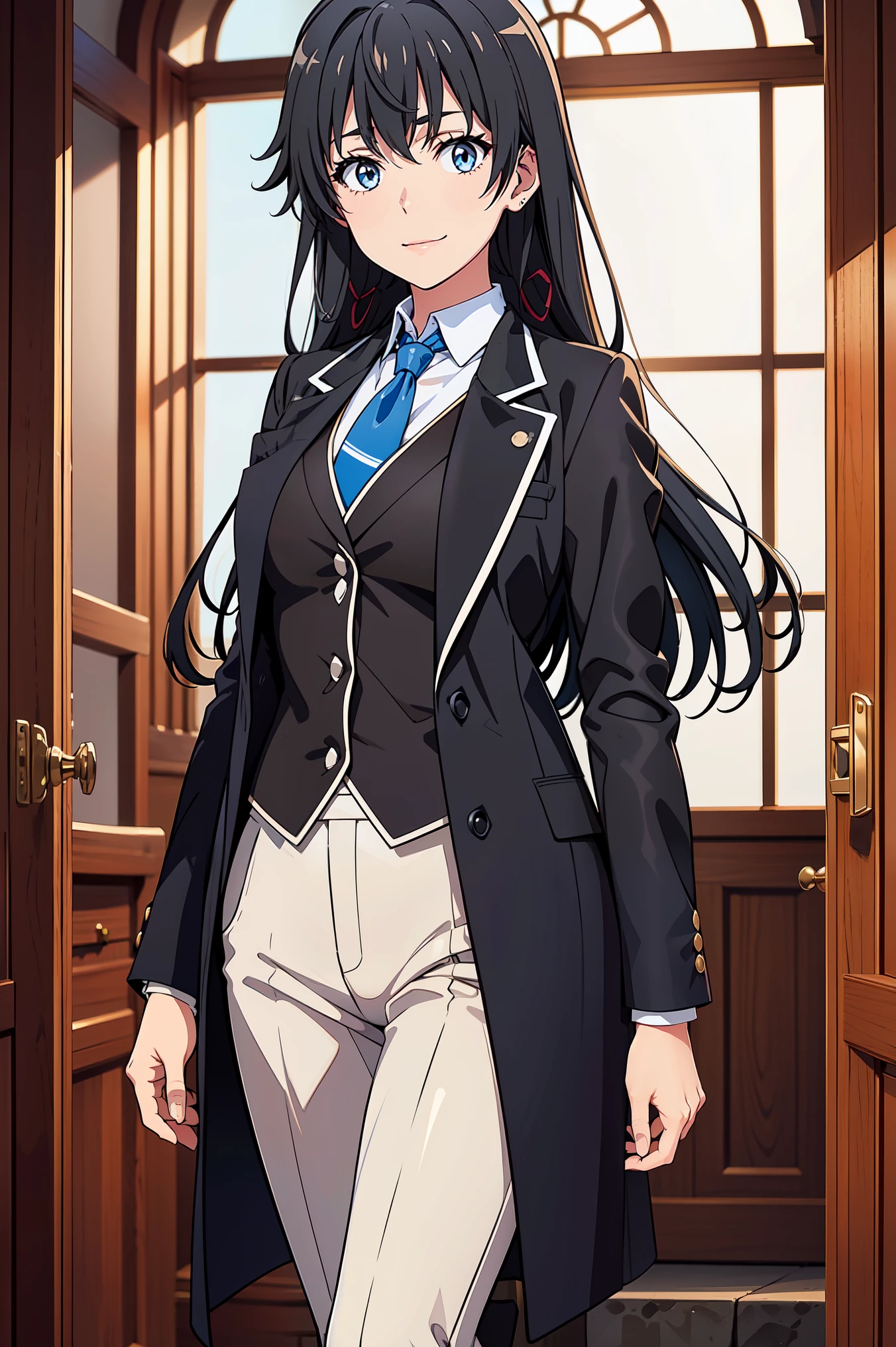 Yukinoshita yukino ,woman in formal attractive tailcoat standing in a large alcove in the room , 1girl, solo, blue necktie, black hair, blue eyes, long hair, smile , collared shirt, white pants, white shirt , tailored tailcoat elegant , standing in front of a window ,tailcoat tailored to perfection. Featuring striking Victorian theme and crafted from the lustrous fabric