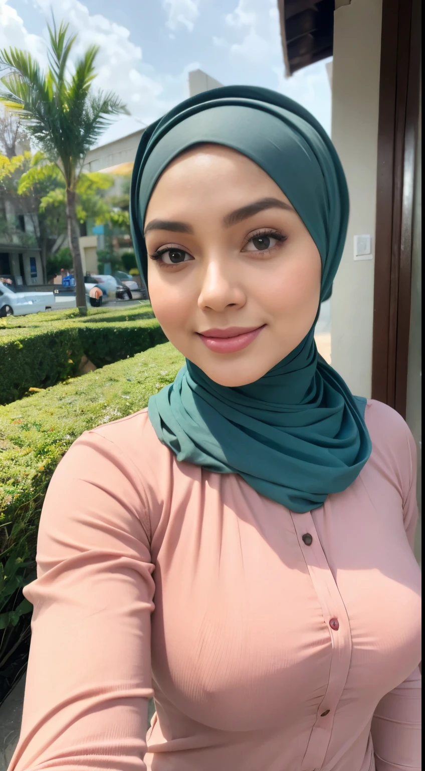 RAW, Best quality, high resolution, masterpiece: 1.3), beautiful Malay woman in hijab,Masterpiece, perfect fit body, ((Huge breast)), errcted nipple, biggorgeous eyes, Soft smile,muslim woman in a plain long sleeve shirt and hijab posing for a picture, hijab, with lovely look, with beautiful colors, with accurate face, pose 4 of 1 6, traditional beauty, batik, wearing beautiful clothes, beutifull, with beautiful exotic, attractive pose, cute pose, scarf, wearing plain chiton, very attractive , she is smiling,Delicate turtleneck, necklace, shairband, afternoon walk, City garden, Excellent lighting, Bright colors, Clean lines