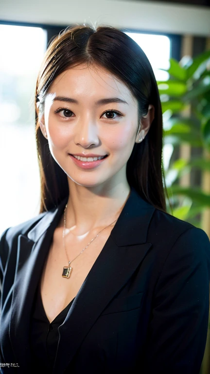 (Best Quality, 8K, 32K, masutepiece, nffsw:1.2),Photo of Pretty Japanese woman,(Detailed face:1.1),  Black Suit, Looking at Viewer,Upper body,Necklace,medium breasts,Smile、Reflecting the whole body