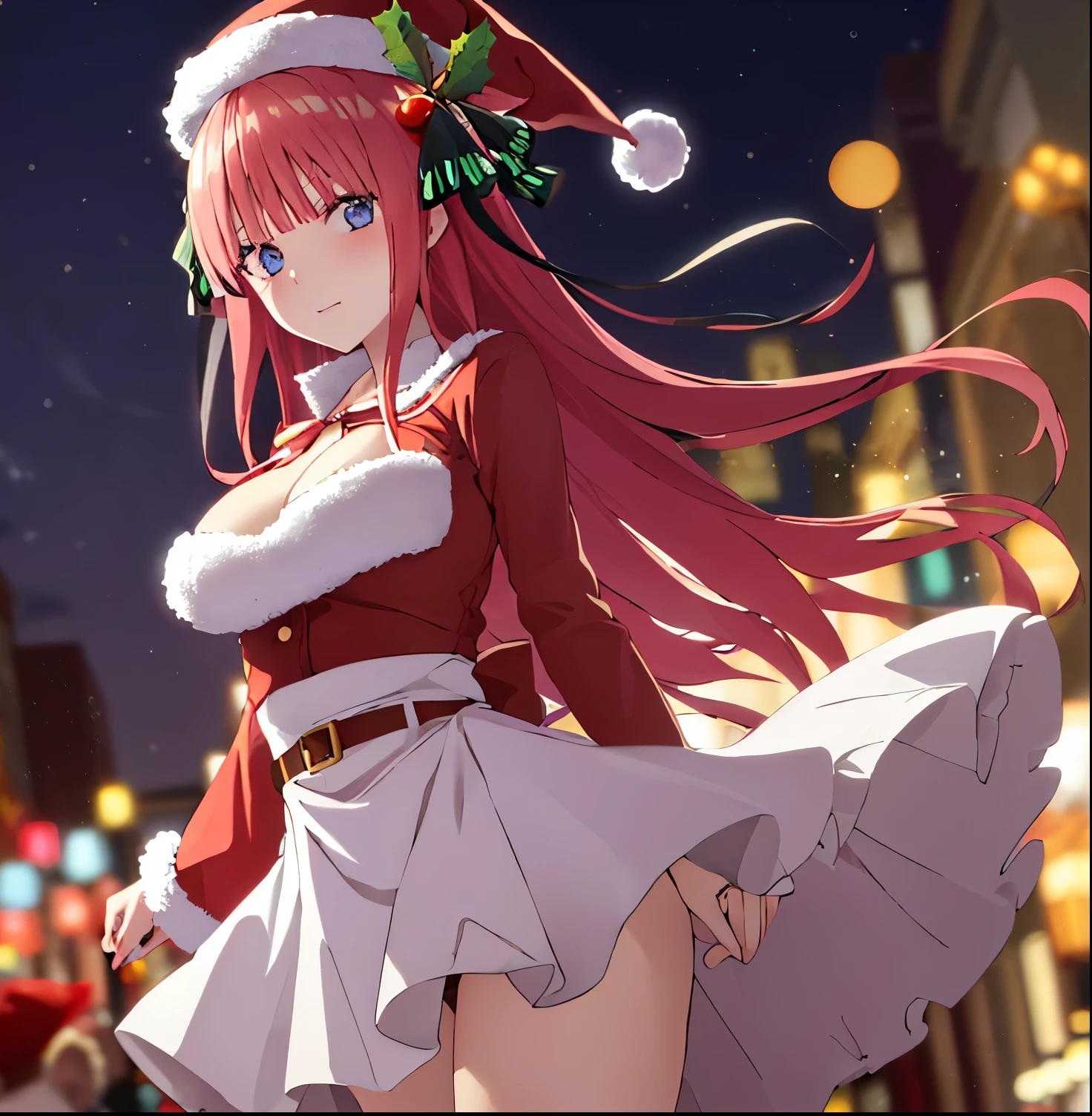 2d, masterpiece, best quality, anime, highly detailed, 1 girl, alone, cowboy shot, nakano nino, pink hair, butterfly hair ornament, Santa Claus suit, red with white details, cleavage, Santa Claus hat red with white details, large breasts, medium waist, medium hips, wide thighs, standing, street, snowy, night, good lighting, streets illuminated with Christmas lights