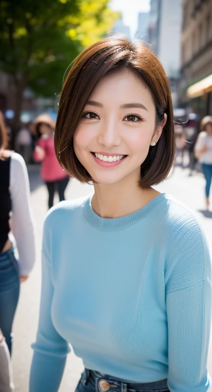 1 very beautiful woman, 25-years old,  Solo, Best Quality, Photorealistic, tmasterpiece, 8K High Resolution， hight resolution, extra detailed face, (Professional Lighting，Bokeh），（light particules，Lens Flare Glow，Luminescent particles：0.6），gentlesoftlighting，Trendy atmosphere，jpn，the street，Stylish short hair，Bobo head， brown haired, hair is delicate and soft，Fluttering, cparted lips, lipsticks, Seductive smile, ssmile, Bocchi, 牙, Swan neck，Shave your shoulders, Bigchest，（Golden ratio figures），Wear a blue skinny sweater, (Wash Blue）（Skin Tight Jeans),（detailed costume:1.5）， 二重まぶた，long eyelasher, birthmark, (Mole under the eyes: 1), calves are balanced, slenderness:1.2，A pair of jade legs are white and shiny，without wearing shoes:1.5，（ Coquettish ，Coquettish and beautiful poses，Postures are diverse），Female-centered focus photography，The waist is the focus，I took a close-up photo focusing on the body.:1.8,fully body photo:1.8