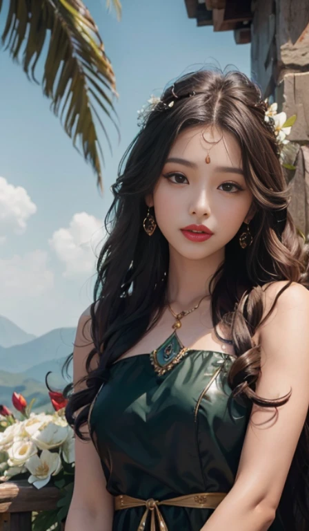 one-girl,Dress elegantly 100% Clear sare,Curly hair with long hair,deep black eyes,Shiny red lips,Bronzed skin,lotus in her hair,Bindi on the forehead,Palm tree decorated with henna,in a blooming garden,Bright colorful flowers,Green meadow,blue-sky,The sun fell on her,A calm and serene expression,She has a subtle smile on her face,Fingers gently touch the petals,Full of elegant body language, scenic landscape,painting as medium,Detailed and vivid,image in high resolution,Photorealistic rendering,vivd colour,soft and warm lighting, her exposure, , You can see and 