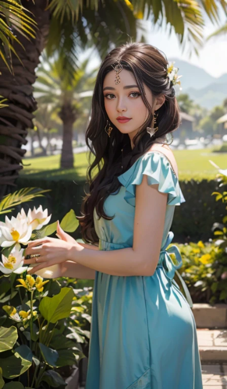 one-girl,Dress elegantly 100% Clear sare,Curly hair with long hair,deep black eyes,Shiny red lips,Bronzed skin,lotus in her hair,Bindi on the forehead,Palm tree decorated with henna,in a blooming garden,Bright colorful flowers,Green meadow,blue-sky,The sun fell on her,A calm and serene expression,She has a subtle smile on her face,Fingers gently touch the petals,Full of elegant body language, scenic landscape,painting as medium,Detailed and vivid,image in high resolution,Photorealistic rendering,vivd colour,soft and warm lighting, her exposure, , You can see and 