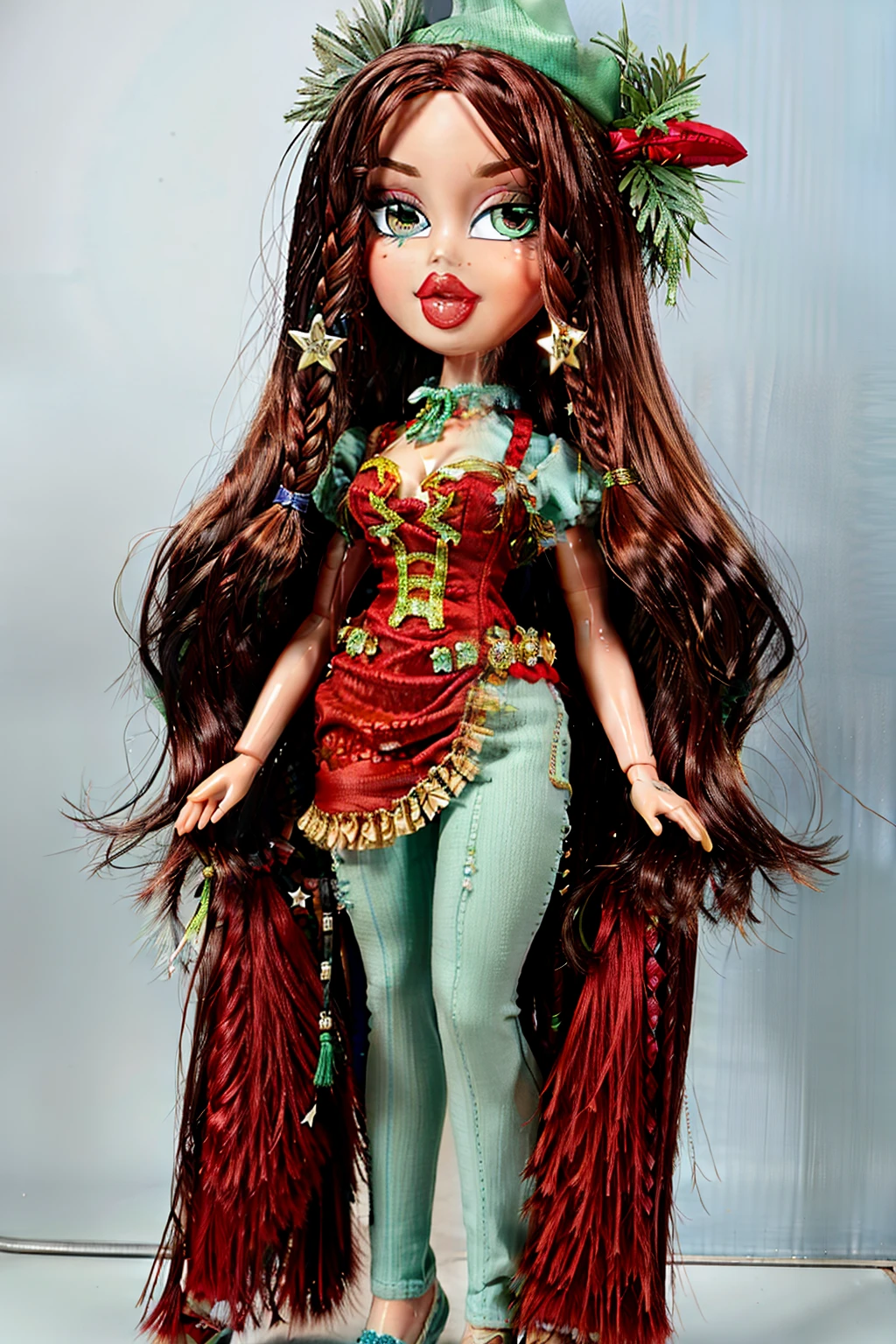 Bratz girl with detailed eyes and big lips and blue hair , wearing green china dress , full body , plastic skin , doll joints , ,(masterpiece, top quality, best quality, beautiful and aesthetic:1.2), honeiling_touhou, doll, revealing clothes, 1girl, solo, breasts, curvy, wide hips, narrow waist, joints, doll joints, cleavage, bursting breasts, huge breasts, lips, braid, long_hair, red_hair, twin_braids, star_\(symbol\), hat, hat_ornament, star_hat_ornament, beret, smile, bow, bangs, china dress, breasts, hair_bow, ribbon, green_headwear, green_eyes, midriff, full body, high heels, thighhighs
