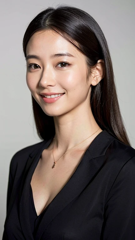 (Best Quality, 8K, 32K, masutepiece, nffsw:1.2),Photo of Pretty Japanese woman,(Detailed face:1.1), Black Suit, Looking at Viewer,Upper body,Necklace,medium breasts,dress shirts,Smile、The whole body is shown、