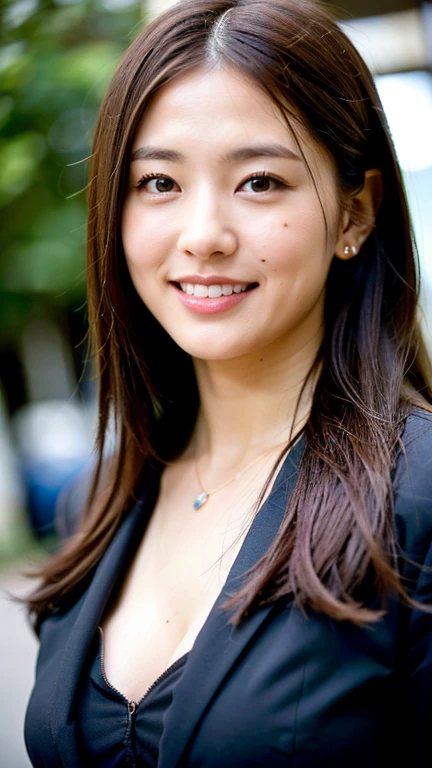 (Best Quality, 8K, 32K, masutepiece, nffsw:1.2),Photo of Pretty Japanese woman,(Detailed face:1.1), Black Suit, Looking at Viewer,Upper body,Necklace,medium breasts,dress shirts,Smile、The whole body is shown、