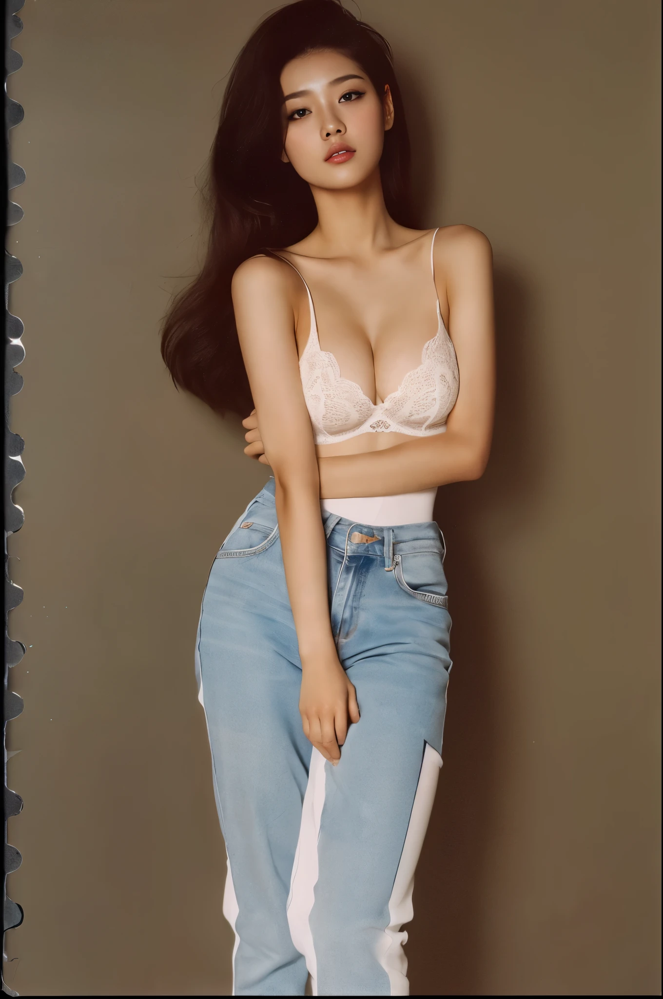 (full body:1.5)(portra 400:1.3)(instant film:1.3)( standing 1 woman in a retro vintage fashion:1.2)1 woman, Korean idols, japanese beauty, high quality, (detailed face:1.5) best quality, 8k,afterdark, twilight.