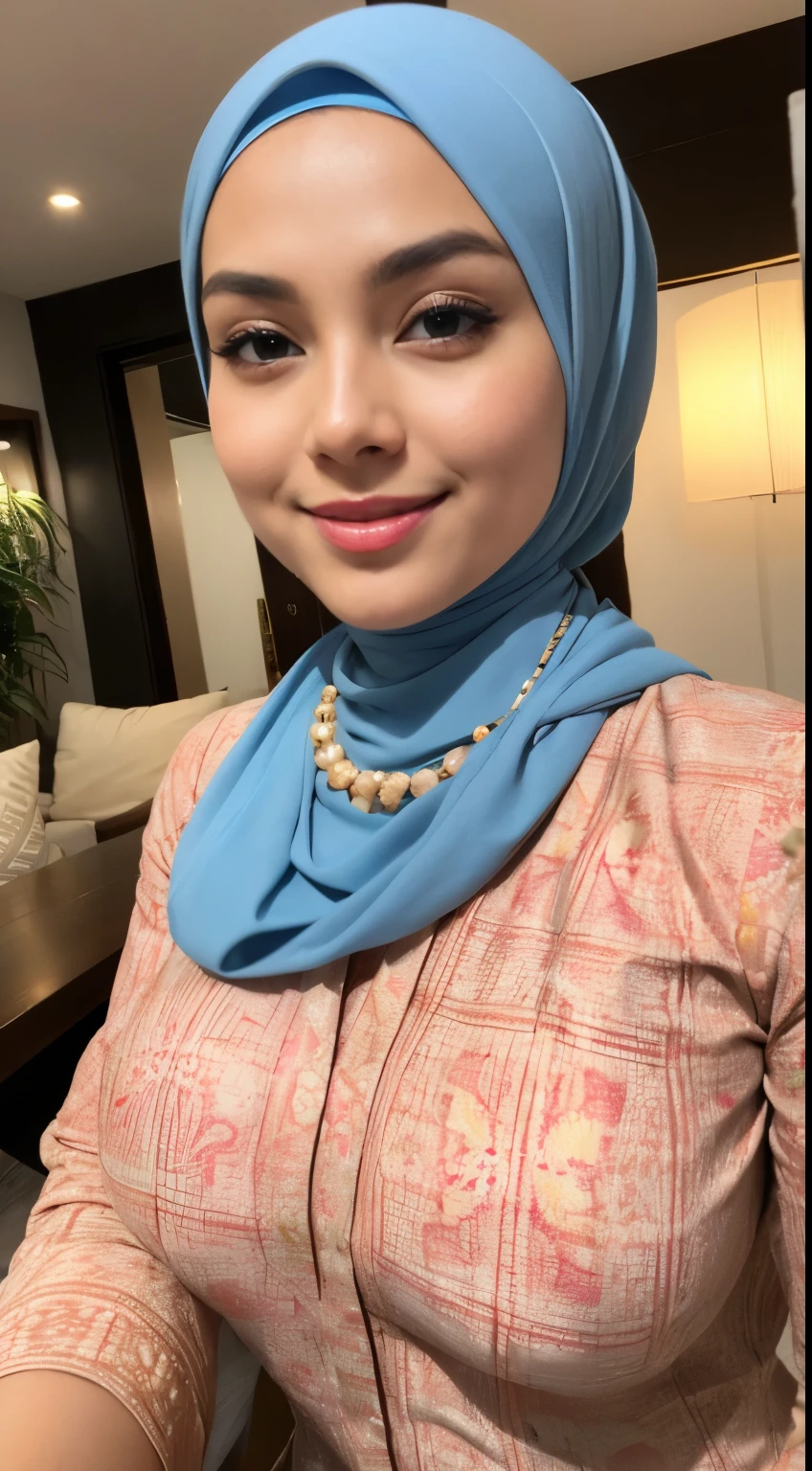 RAW, Best quality, high resolution, masterpiece: 1.3), beautiful Malay woman in hijab,Masterpiece, perfect  fit body, ((Huge breast)), biggorgeous eyes, Soft smile,muslim woman in a plain long sleeve shirt and hijab posing for a picture, hijab, with lovely look, with beautiful colors, with accurate face, pose 4 of 1 6, traditional beauty, batik, wearing beautiful clothes, beutifull, with beautiful exotic, attractive pose, cute pose, scarf, wearing plain chiton, very attractive , she is smiling,Delicate turtleneck, necklace, shairband, afternoon walk, City garden, Excellent lighting, Bright colors, Clean lines