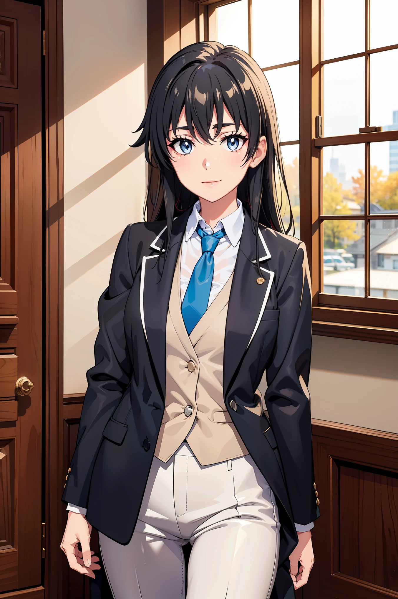 Yukinoshita yukino ,woman in formal attractive tailcoat standing in a large alcove in the room , 1girl, solo, blue necktie, black hair, blue eyes, long hair, smile , collared shirt, white pants, white shirt , tailored tailcoat elegant , standing in front of a window ,tailcoat tailored to perfection. Featuring striking Victorian theme and crafted from the lustrous fabric
