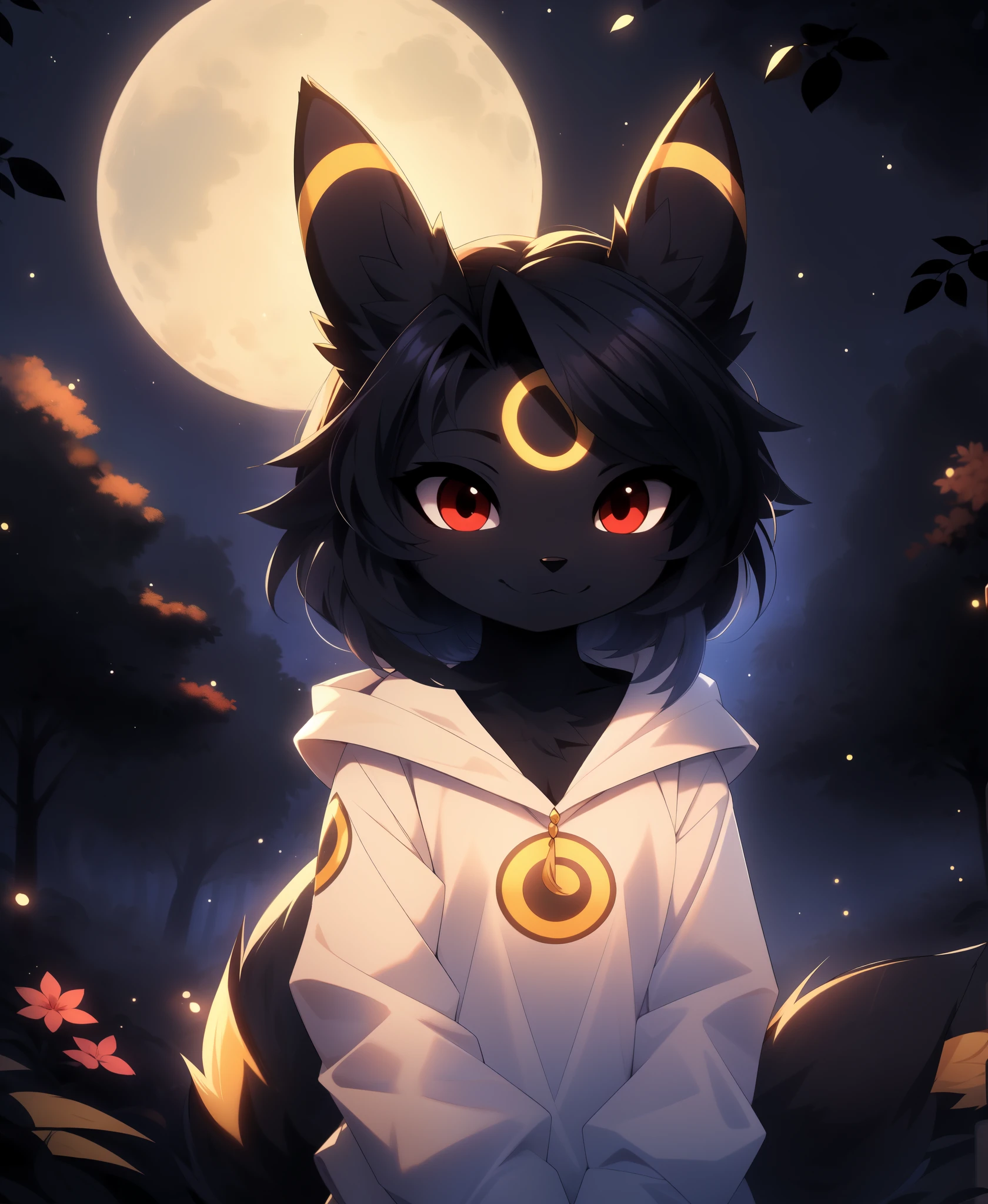 magnaluna, 1girl,anthro, umbreon, black body fur, gold markings, pokemon, red eyes, fluffy fur, at night, moonlight, forest, detailed background, best quality,