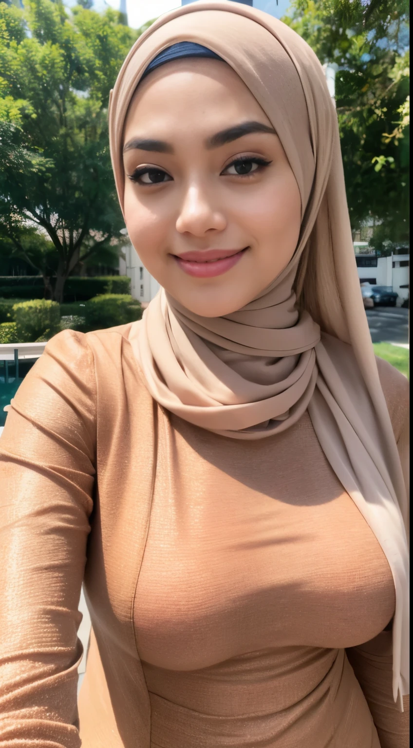 RAW, Best quality, high resolution, masterpiece: 1.3), beautiful Malay woman in hijab,Masterpiece, perfect  fit body, ((Huge breast)), biggorgeous eyes, Soft smile,muslim woman in a plain long sleeve shirt and hijab posing for a picture, hijab, with lovely look, with beautiful colors, with accurate face, pose 4 of 1 6, traditional beauty, batik, wearing beautiful clothes, beutifull, with beautiful exotic, attractive pose, cute pose, scarf, wearing plain chiton, very attractive , she is smiling,Delicate turtleneck, necklace, shairband, afternoon walk, City garden, Excellent lighting, Bright colors, Clean lines