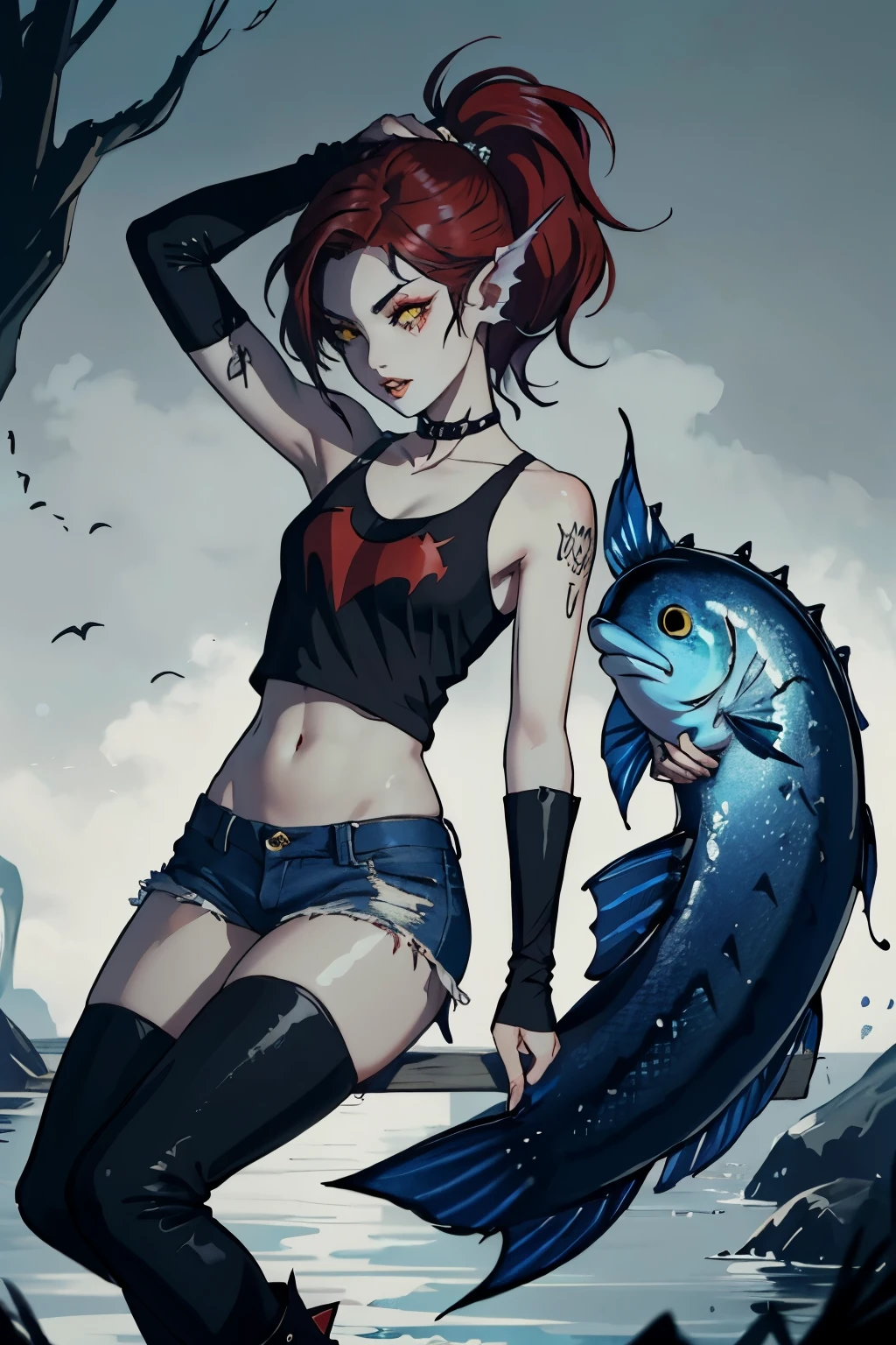 full-length shot of Lyne, Light blue-gray skin with shimmering blue fish-like scales on her arms and shoulders, Long, dark crimson hair in a spiky ponytail with choppy bangs framing her face, Sharp yellow eyes with red pupils, small fins on the sides of her head and sharp fangs hinting at vampiric traits, Lean athletic figure for an intimidating yet graceful presence, Dark-gray ripped tank top, intricate amphibious armor, Black ripped jeans with torn knees, dark red boots, black finger-less gloves for a punk-inspired touch, Dark makeup around her eyes and subtle vampire bite marks on her neck, powerful punk vampire fish warrior, cool and fierce, masterpiece, high quality, 4K, undyne, undyne the undying, MarcelineWaifu