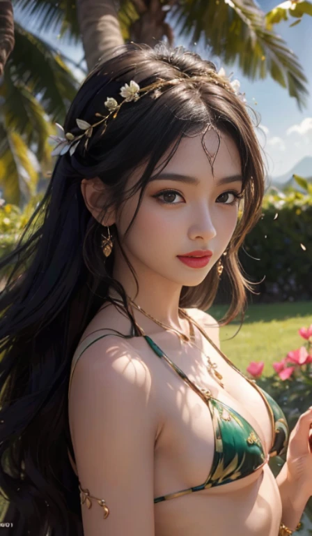 one-girl,Dress elegantly 100% Clear sare,bikini bikini bikini,Curly hair with long hair,deep black eyes,Shiny red lips,Bronzed skin,lotus in her hair,Bindi on the forehead,Palm tree decorated with henna,in a blooming garden,Bright colorful flowers,Green meadow,blue-sky,The sun fell on her,A calm and serene expression,She has a subtle smile on her face,Fingers gently touch the petals,Full of elegant body language, scenic landscape,painting as medium,Detailed and vivid,image in high resolution,Photorealistic rendering,vivd colour,soft and warm lighting, her exposure, , You can see and