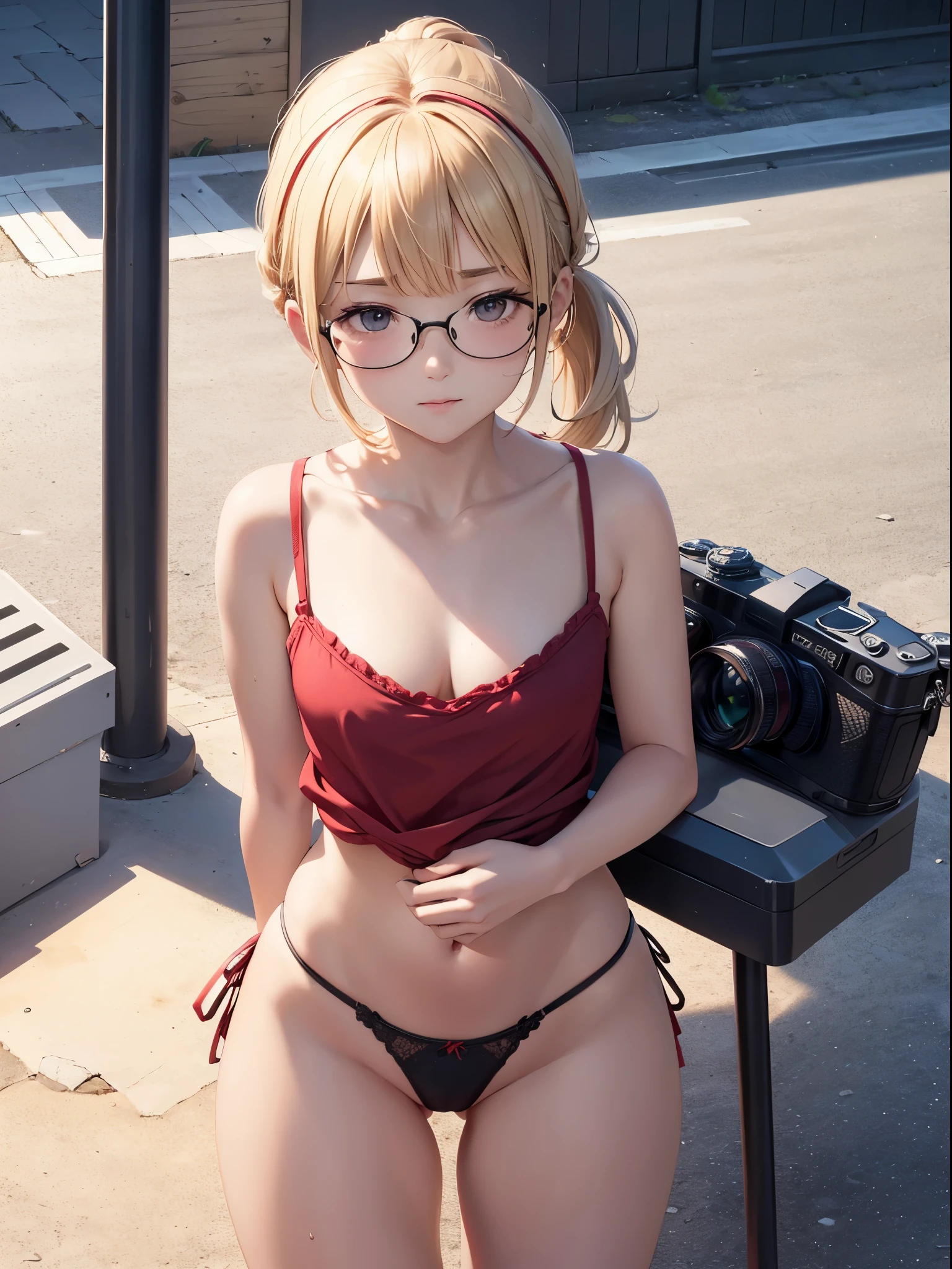 in public, boring, bangs, loli body,  girl, blonde hair tied in a side ponytail, sensual cleavage, red blouse, small breasts, ass facing the viewer, back to the screen, micro shorts 1.4, Ultra HD, 4k image, glasses, character near the camera, V panties, sensual panties, low waist panties, top view, camera from above