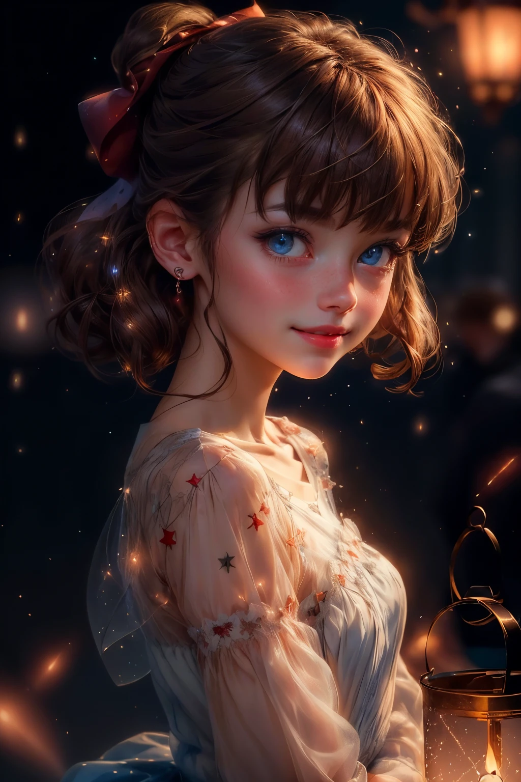 (extremely delicate and beautiful:1.2),1girl, bangs, blue eyes, blurry, blurry background, bow, brown hair, closed mouth, from side, hair between eyes, hair bow, lantern, light particles, long sleeves, looking at viewer, medium hair, night, red bow, solo, star \(symbol\), upper body,smile,red lips