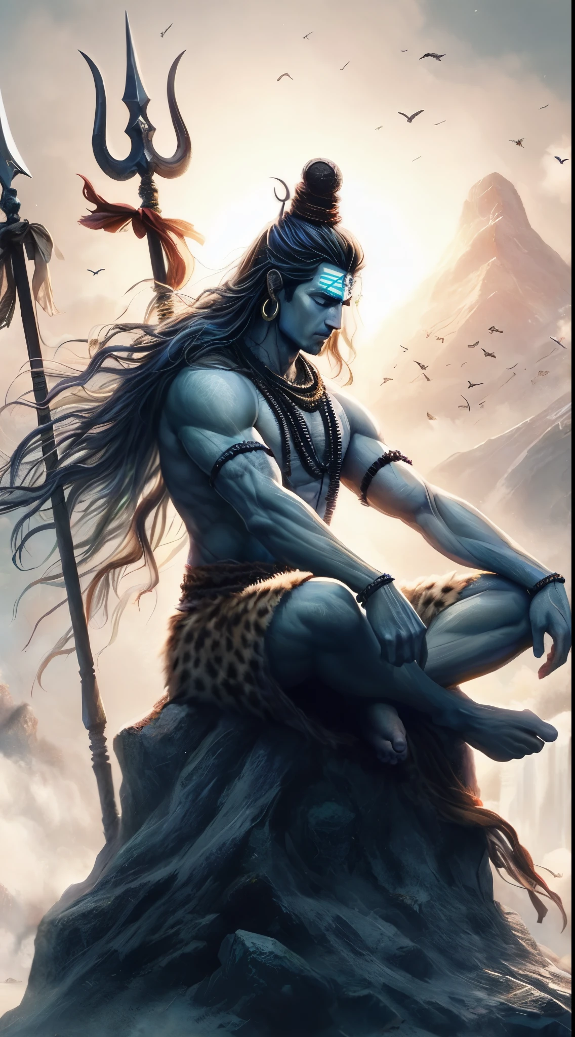 a painting of a man sitting on top of a rock with a spear, god shiva the destroyer, lord shiva, shiva, inspired by Kailash Chandra Meher, indian god, hinduism, hindu god, cyborg hindu godbody, attractive male deity, vishnu, devainart, profile pic, an exhausted deity, hindu gods, from ramayan