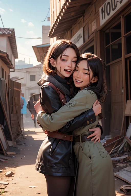 close_up of Laughing face, clear face, hug citizen, refugee, city ruins, hug, war over, intricate, (masterpiece, Representative work, official art, Professional, unity 8k wallpaper:1.3)