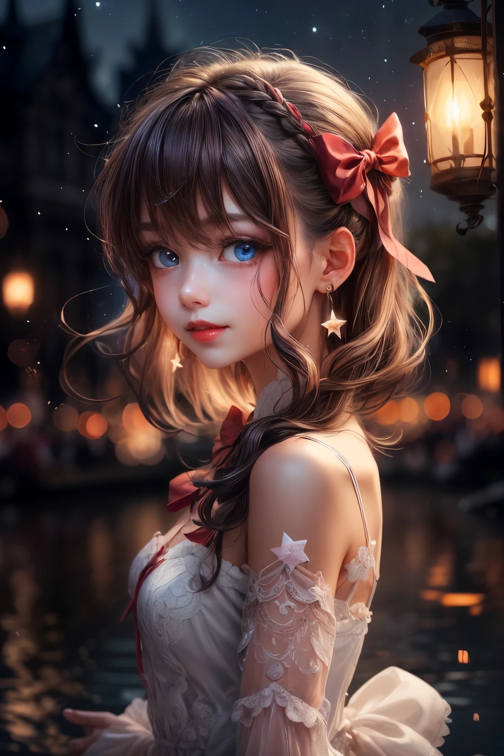 (extremely delicate and beautiful:1.2),1girl, bangs, blue eyes, blurry, blurry background, bow, brown hair, closed mouth, from side, hair between eyes, hair bow, lantern, light particles, long sleeves, looking at viewer, medium hair, night, red bow, solo, star \(symbol\), upper body,smile,red lips