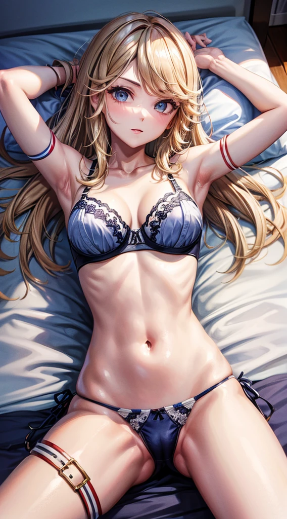 Top image quality Masterpiece 8K Armpit show opening legs On the bed Lying down Spreading legs Blue bra and panties