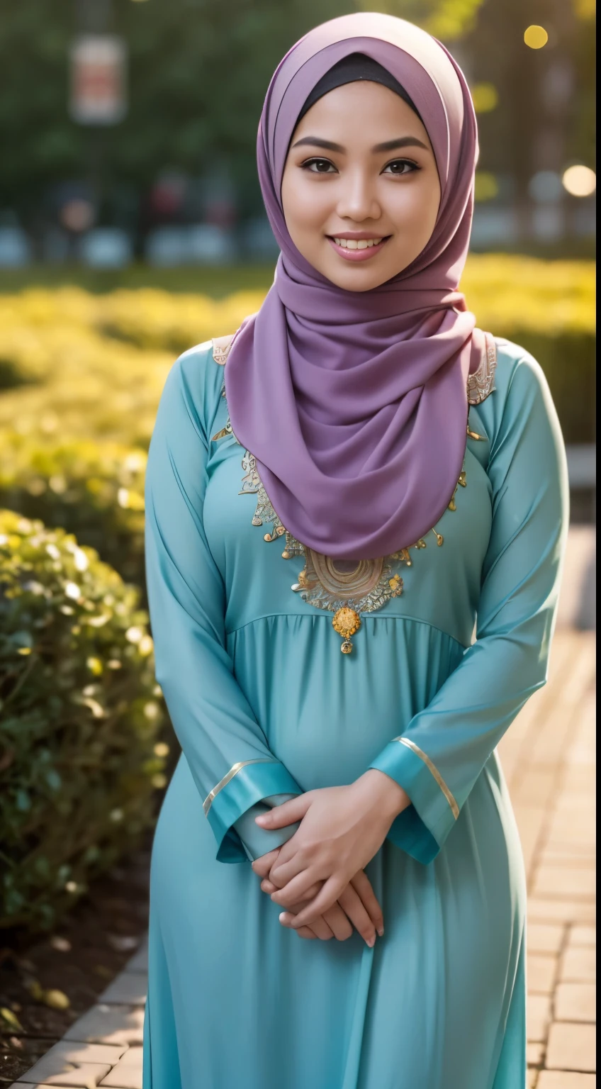 RAW, Best quality, high resolution, Masterpiece: 1.3), Beautiful Malay woman in hijab, Masterpiece, Perfect slim body, ((Big breasteautiful big eyes, Soft smile, (wearing baju kurung), smiling, windy, skin details, skin texture details, wide hips, thick thighorning time, laughing, happy, bright sunlight, flower garden path, blurred background, bokeh,