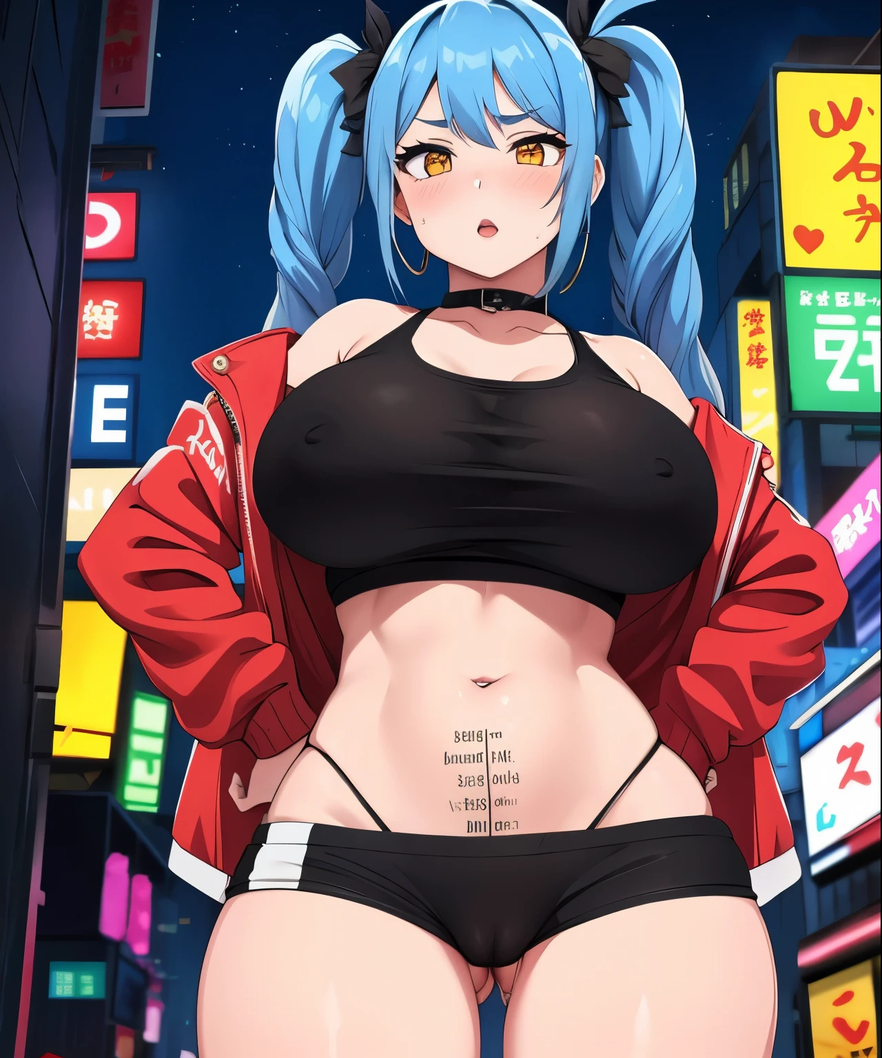 1girl, (((bimbo))),hoop earrings, puffy lips, painted lips, thick lips.
Blue hair, short twintails, wide hips, thick thighs, perky breasts, bursting breasts, Nightlife, Night city, Cyberpunk city, futuristic cityscape. Neon lights, (skyscraper:1.1), Tokyo tower, palm tree, cloth sign, ramen stall, night club. bright city lights, exotic car. alcohol, bar, ramen, soup stall ,alcohol bottles, stomach blush, overflowing breasts, rounded stomach, pubic tattoo, word underbelly tattoo, cameltoe, gym shorts, sexy dolphin shorts, low hanging shorts, slutty yellow jacket, vagina liquid running down between thighs, no panties, pussy juice in between thighs, legs slightly apart, ruler tattoo, ruler tattoo with heart on top