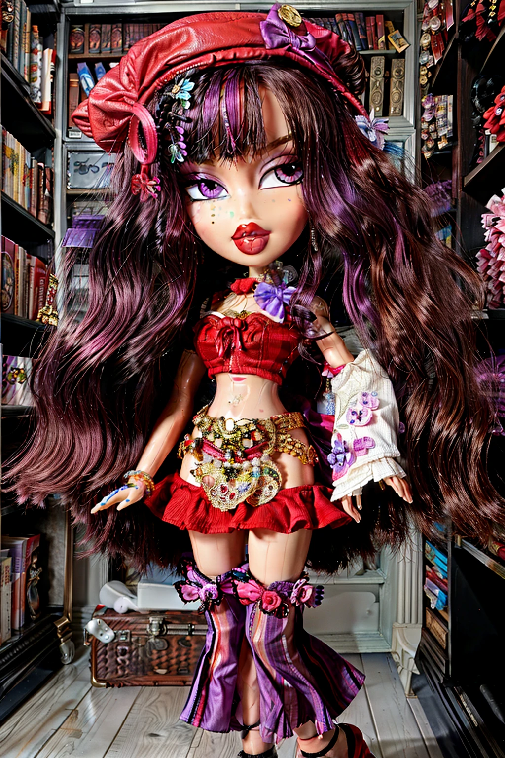 Bratz girl with detailed eyes and big lips and purple curly rococo hair , wearing versace colorful flowers dress , full body , plastic skin , doll joints , ,(masterpiece, top quality, best quality, beautiful and aesthetic:1.2), patchouli_knowledge_touhou, doll, revealing clothes, big head, 1girl, solo, breasts, curvy, wide hips, narrow waist, joints, doll joints, cleavage, bursting breasts, huge breasts, lips, ong_hair, purple_hair, crescent, purple_eyes, ribbon, hat, bow, bangs, mob_cap, hat_ornament, crescent_hat_ornament, hair_bow, red_bow, blue_bow, book, red_ribbon, capelet, hat_ribbon, striped, very_long_hair, midriff, full body, high heels, thighhighs
