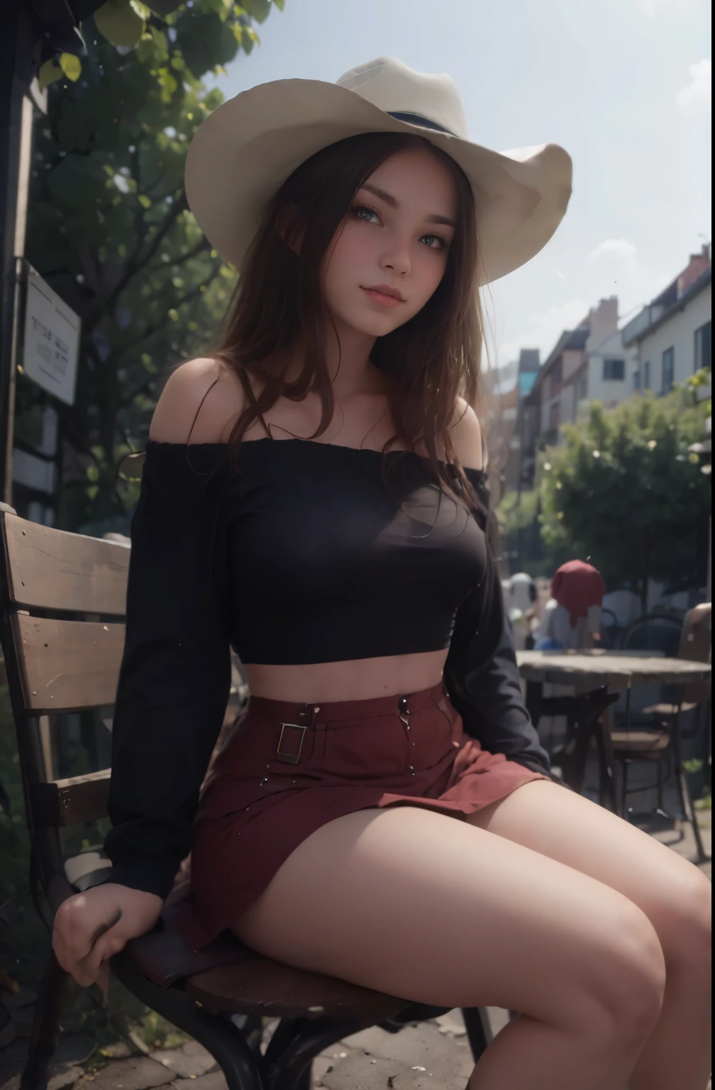 (8k, RAW photo, best quality, mastery:1.3), (realistic, photo-realistic:1.37), (looking viewer:1.331), (brunette hair), posing raunchy Seductively, Sitting on a chair, vintage street, daycityscape, fantasy city, soft light, 1girl, full body, beautiful thighs, extremely beautiful face , Perfect body proportions, (small face: 1.1), bust, casual hairstyle, smile, big eyes, (off-shoulder slip mini skirt, cowboy hat, boots), mix4, detailed eyes