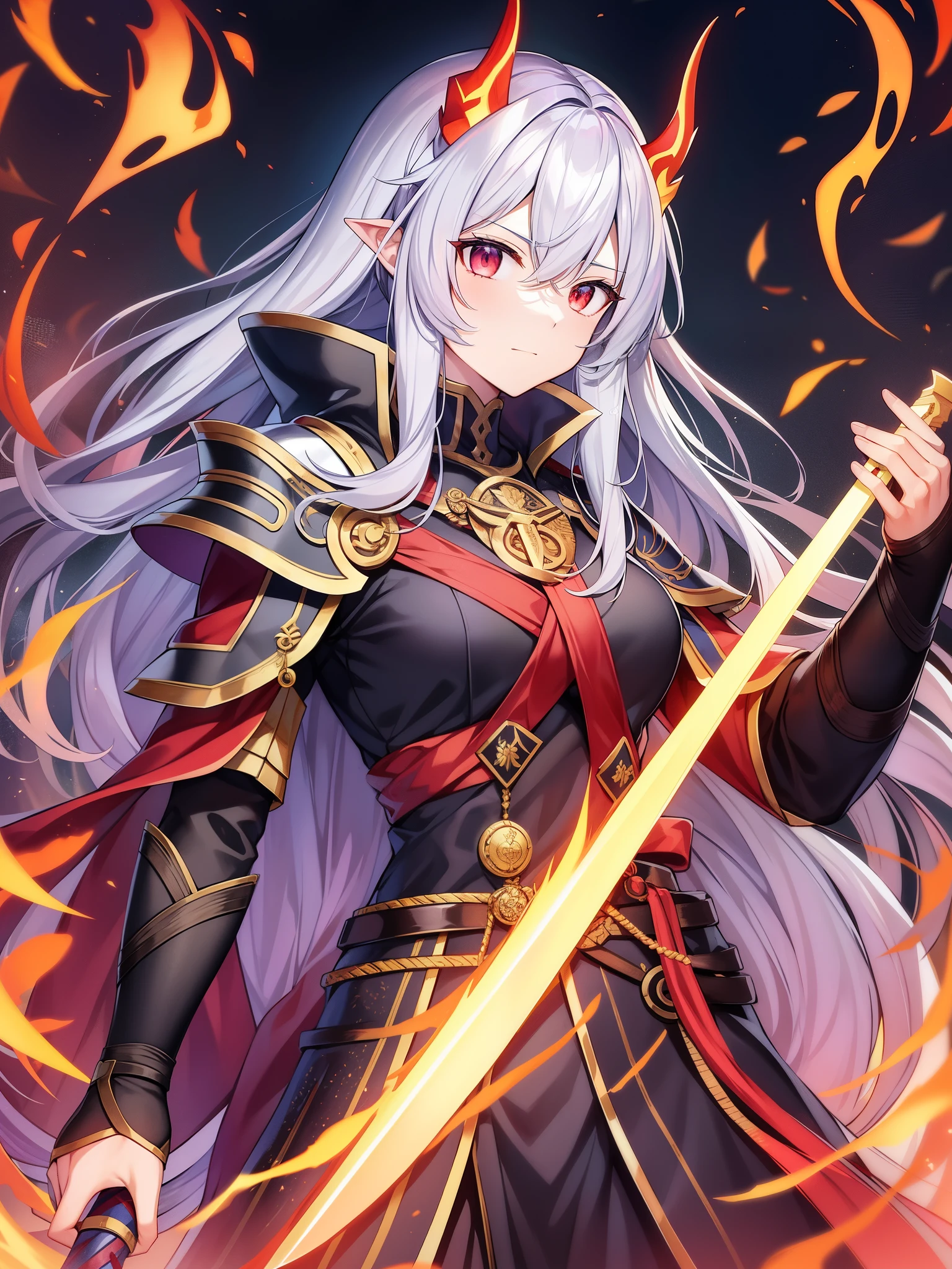 top-quality、Masterpiece、detaileds、Norse mythology、魔剣Levatein、primordial flame、red and black sword、sharp crispness、Flame Sword、Boneless、scar、Burst、huge sword、Levatein（Old Norse: Lævateinn）ha、Norse mythologyに登場する武器。 Norse mythologyの原典資料においてha、A sword that can kill Vizovnir, the rooster sitting on the top of the World Tree.。Levateinを固有名詞で捉えた場合、It is treated as a sword like Mystiltein in the saga of Fromund Gripsson.、Levateinをレーヴァとテインの2つの単語として捉えた場合、treated as a cane。「Cunning Loptor（loki）」trained by、普段ha、Sinmora, the wife of Surtur, the giant of Muspersheim.、It is kept in a box called Regaln with nine locks.。 現代日本のファンタジー作品などにおいてha、The name is sometimes used to refer to the sword and flame wielded by Surtur during Ragnarok.。